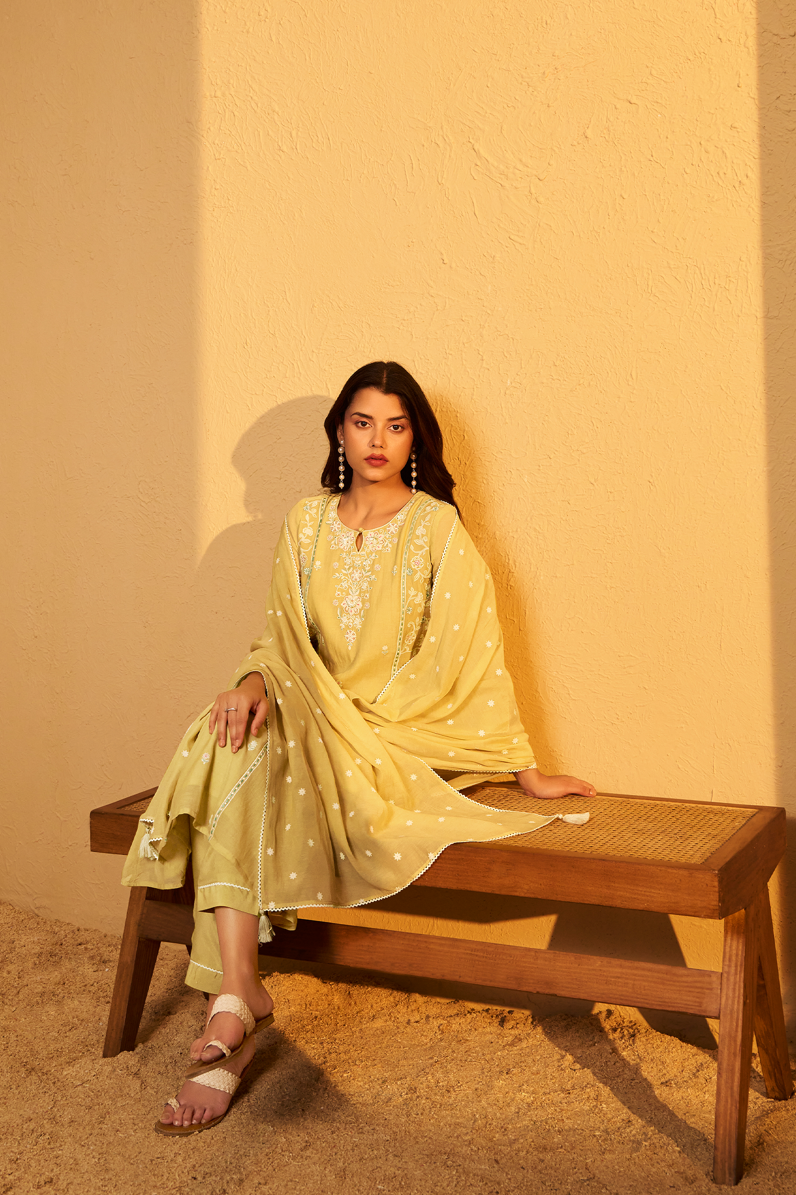 Sunlit Ochre Mul Chanderi A-Line Embroidery Kurta Set