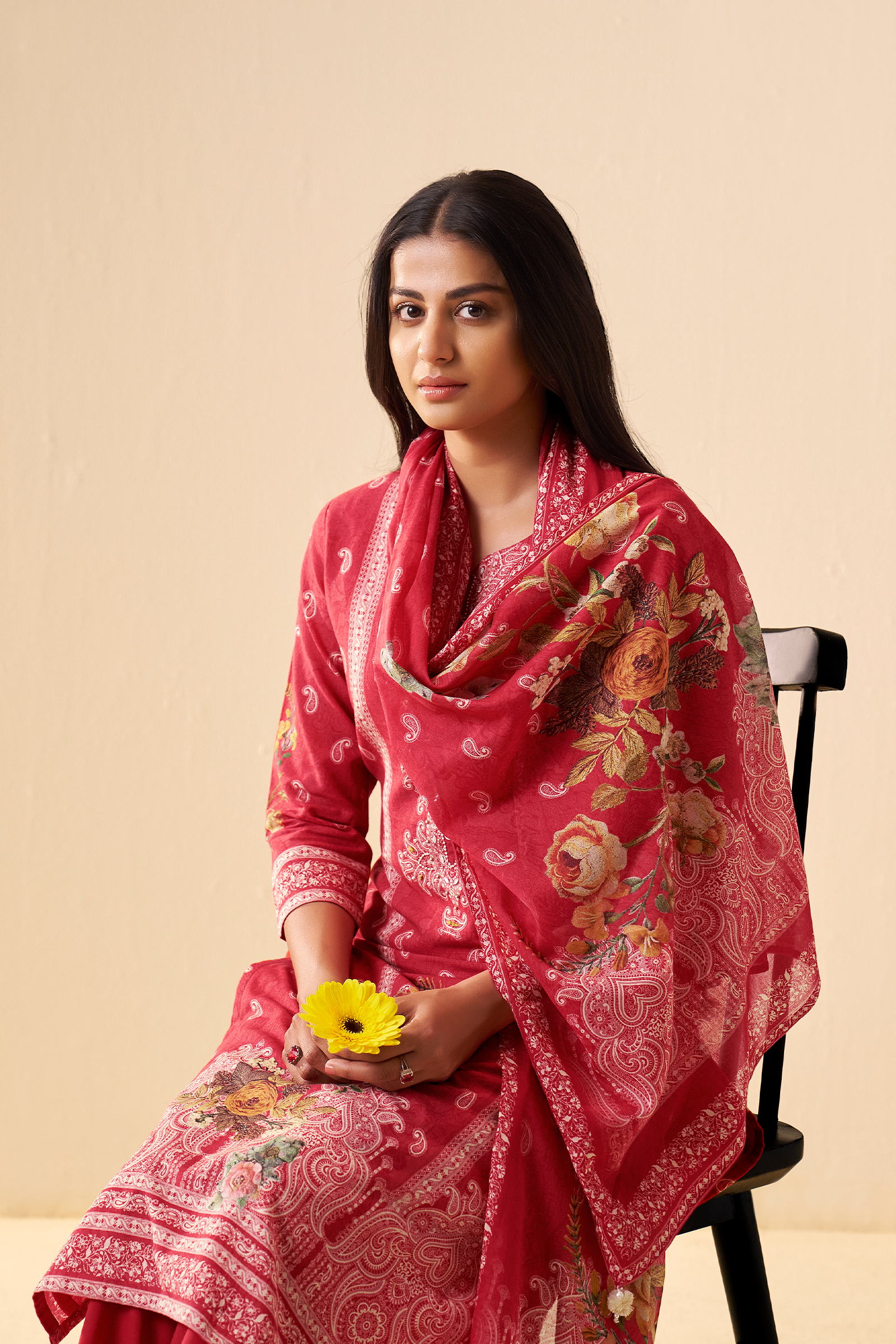Carmine Floral Cotton Linen Digital Printed Kurta Set