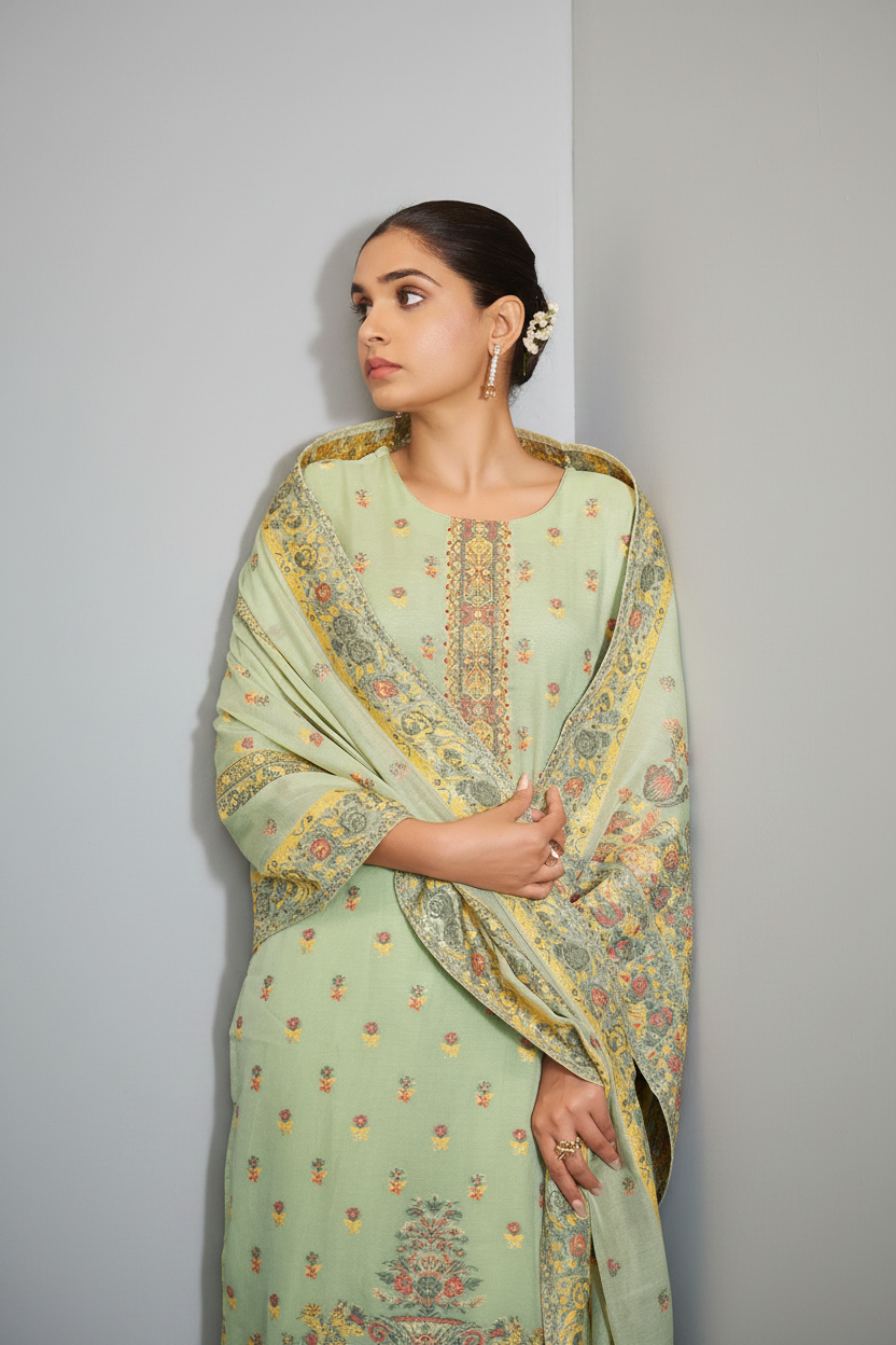 Soft Celadon Chanderi Multi-Meena Work Jacquard Kurta Set