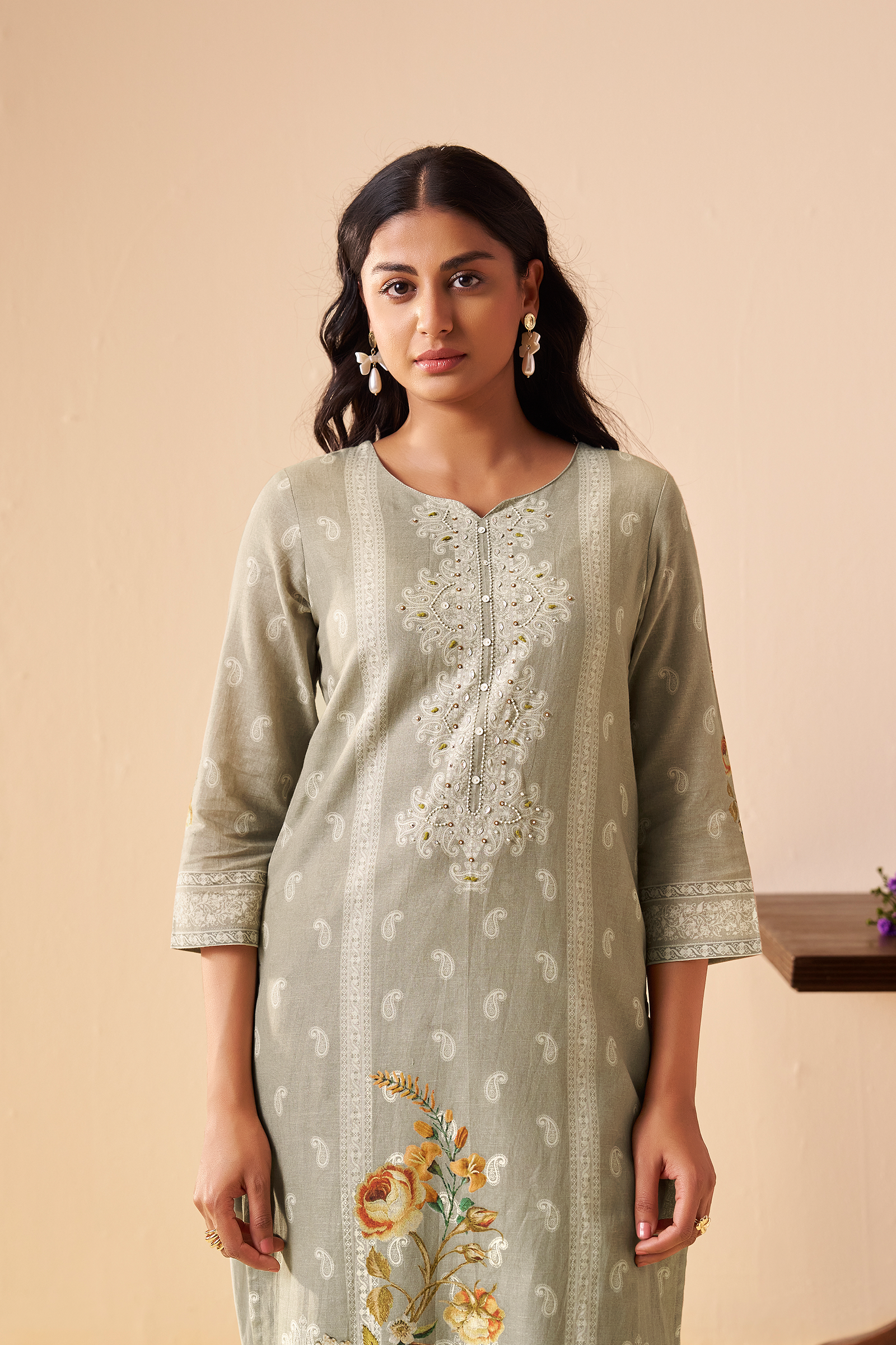 Sage Dune Cotton Linen Digital Printed Kurta Set
