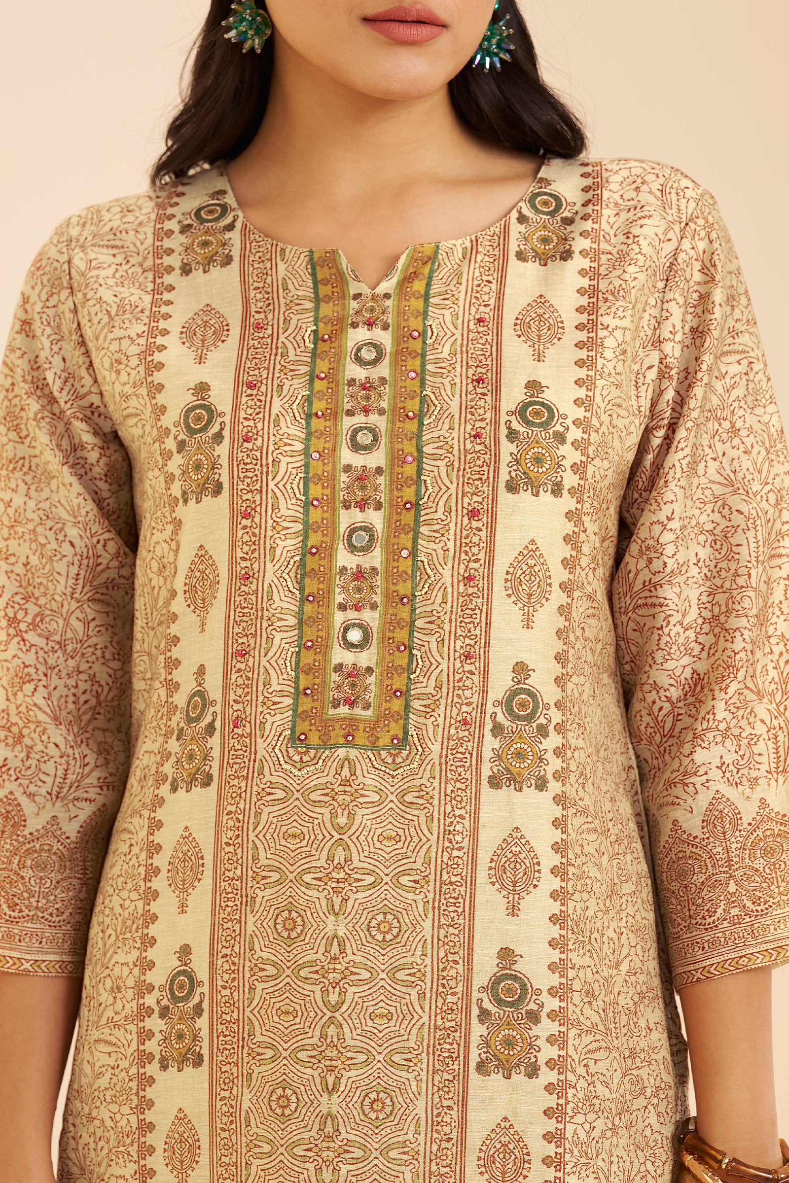 Champagne Beige Shimmer linen Digital printed Kurta Set