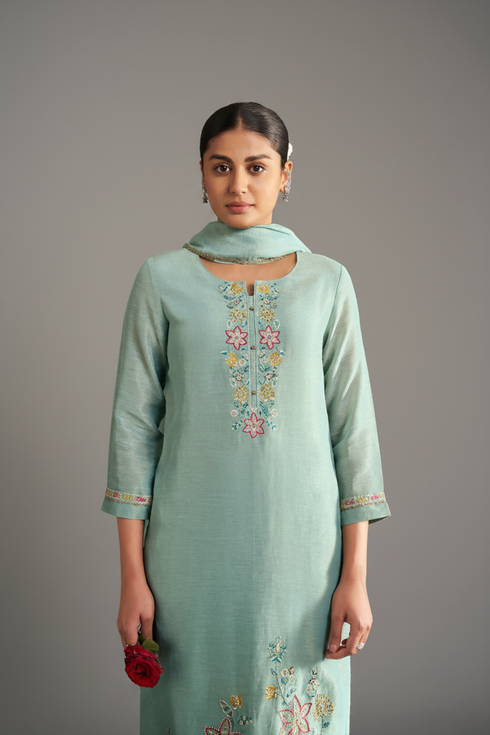 Seafoam Blue Shimmer Linen Embroidered Kurta Set