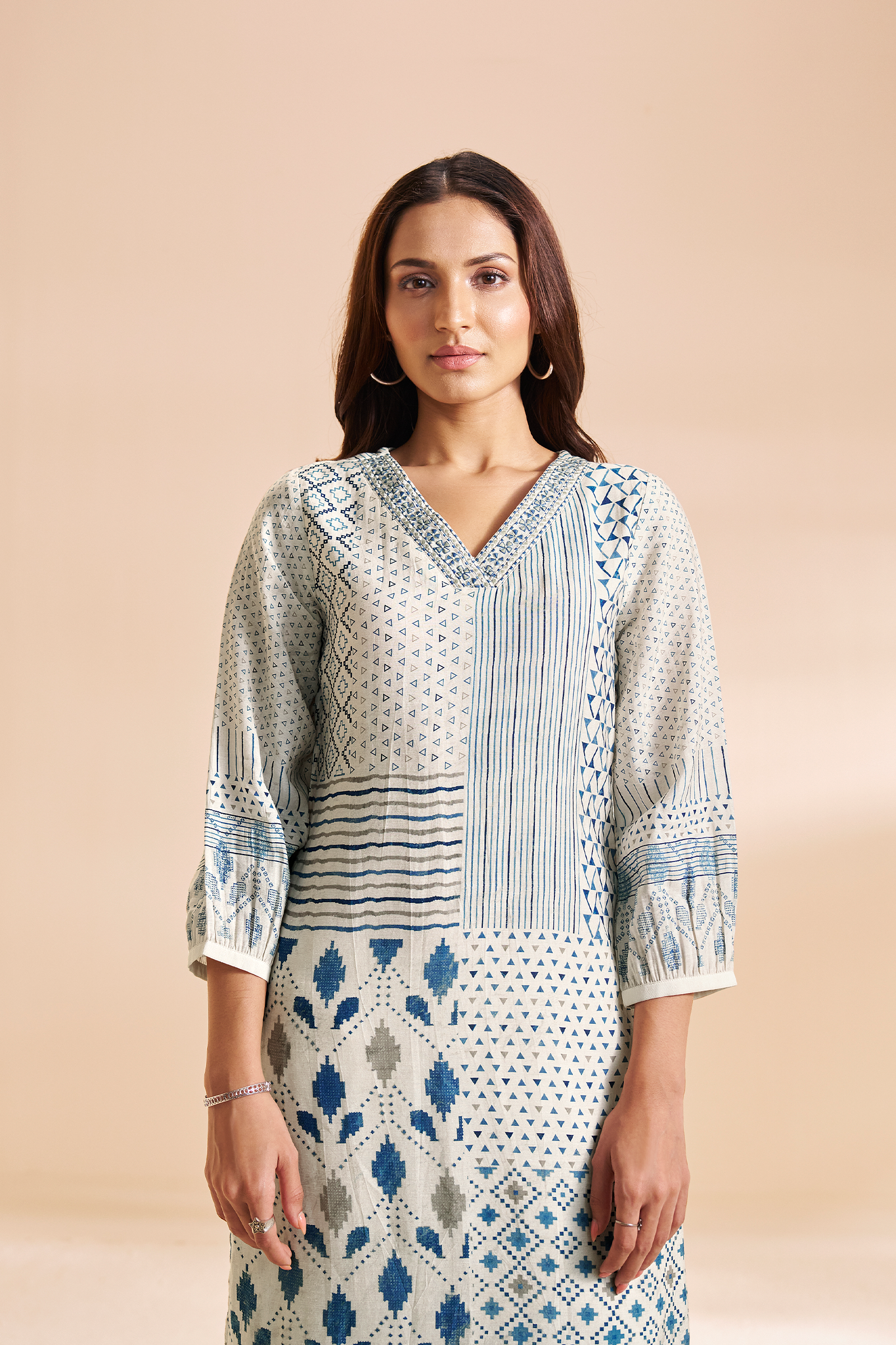 Porcelain White Mosaic Pure Chanderi Digital Printed Kurta Set