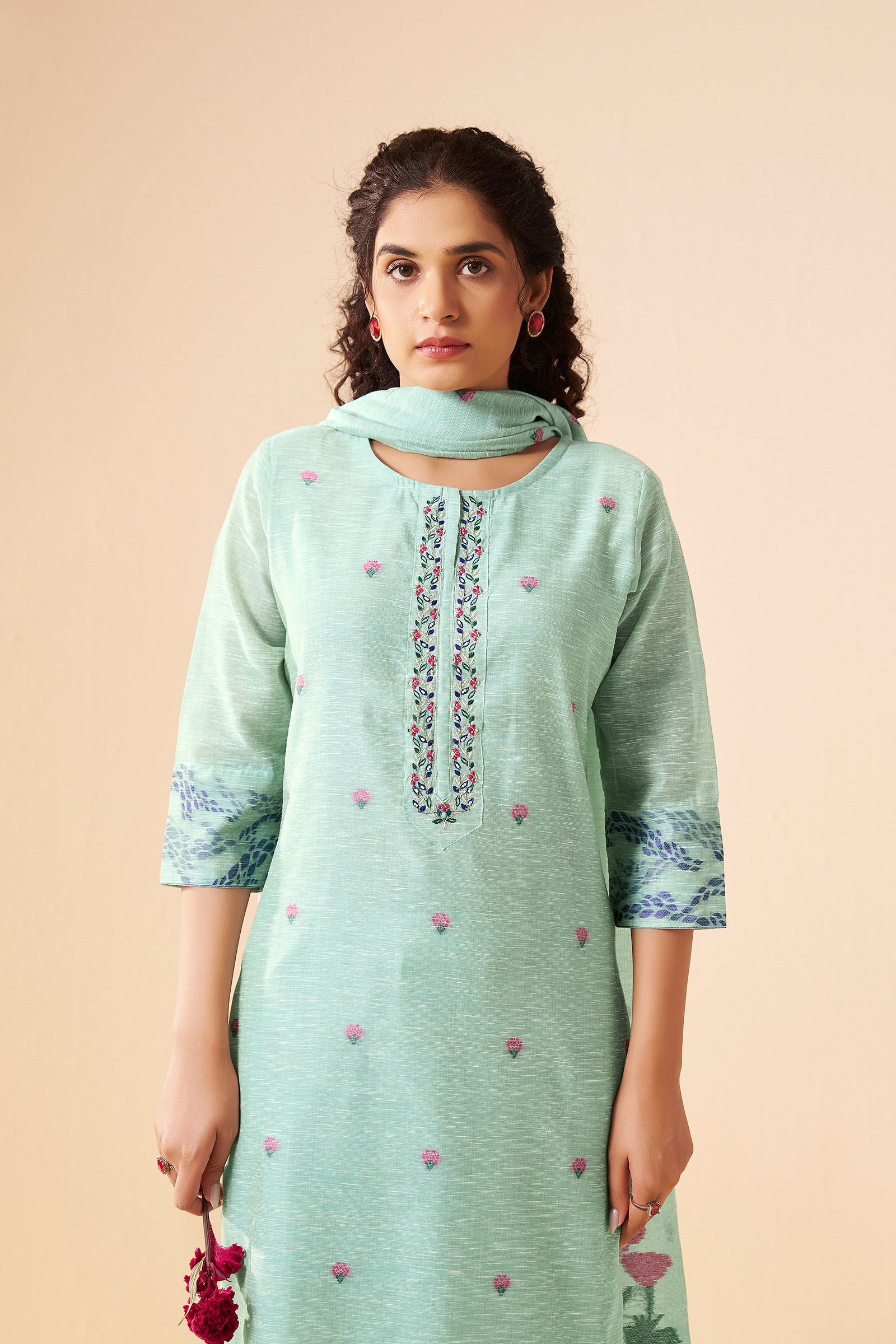 Mint Peony Linen Chanderi Jacquard Kurta Set