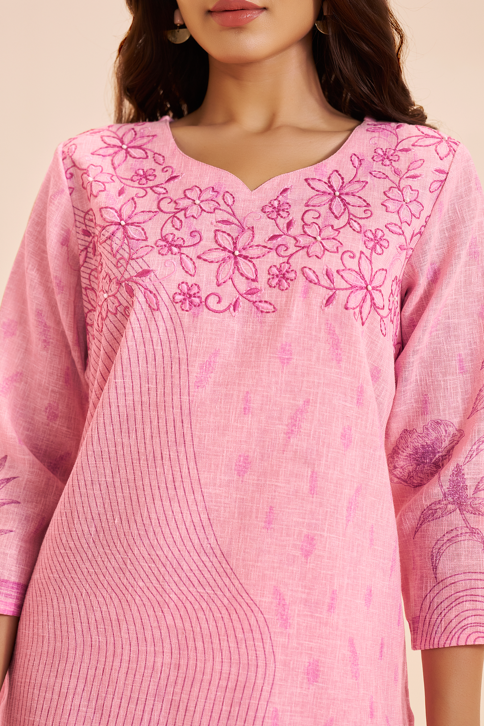 Soft Fuchsia Linen Cotton Digital Printed Kurta Set