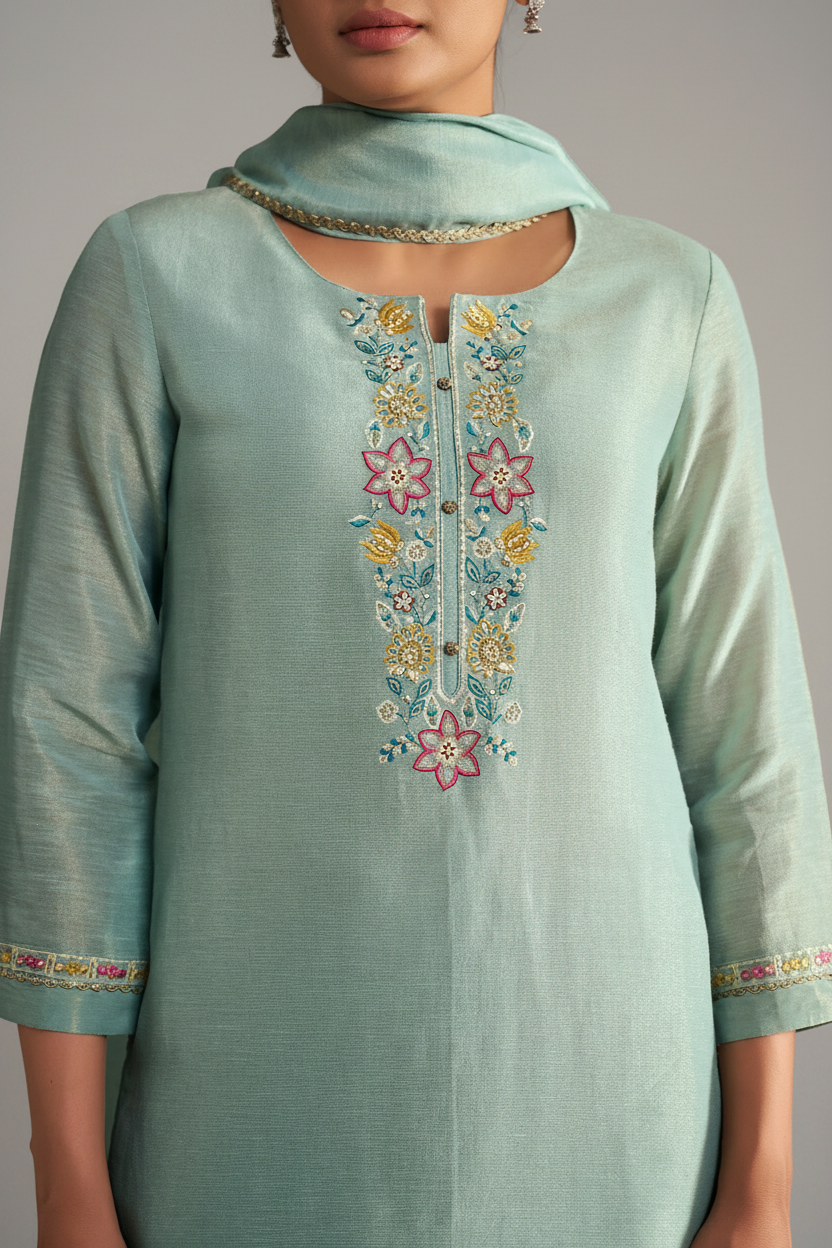 Seafoam Blue Shimmer Linen Embroidered Kurta Set