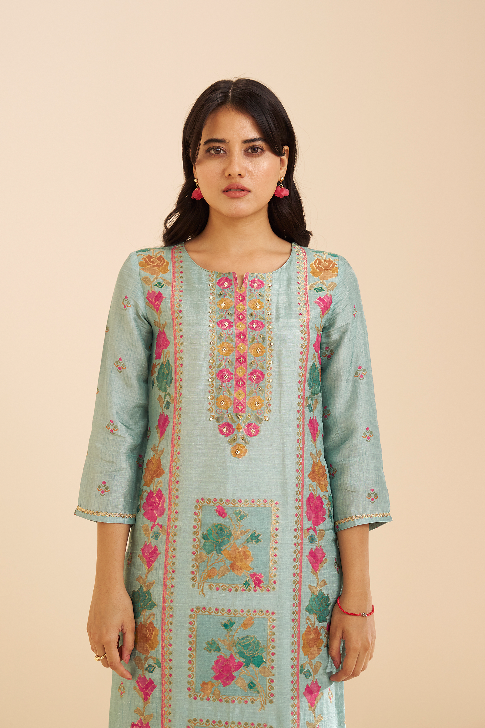 Aqua Teal Printed Viscose Jacquard Kurta Set