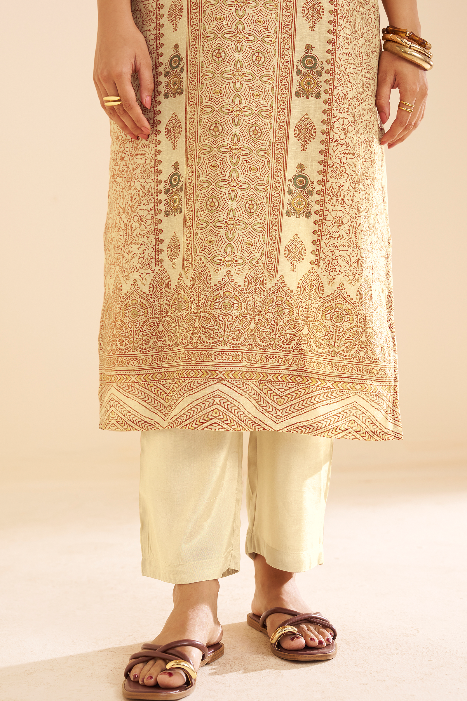Champagne Beige Shimmer linen Digital printed Kurta Set
