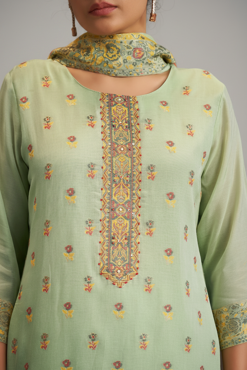 Soft Celadon Chanderi Multi-Meena Work Jacquard Kurta Set