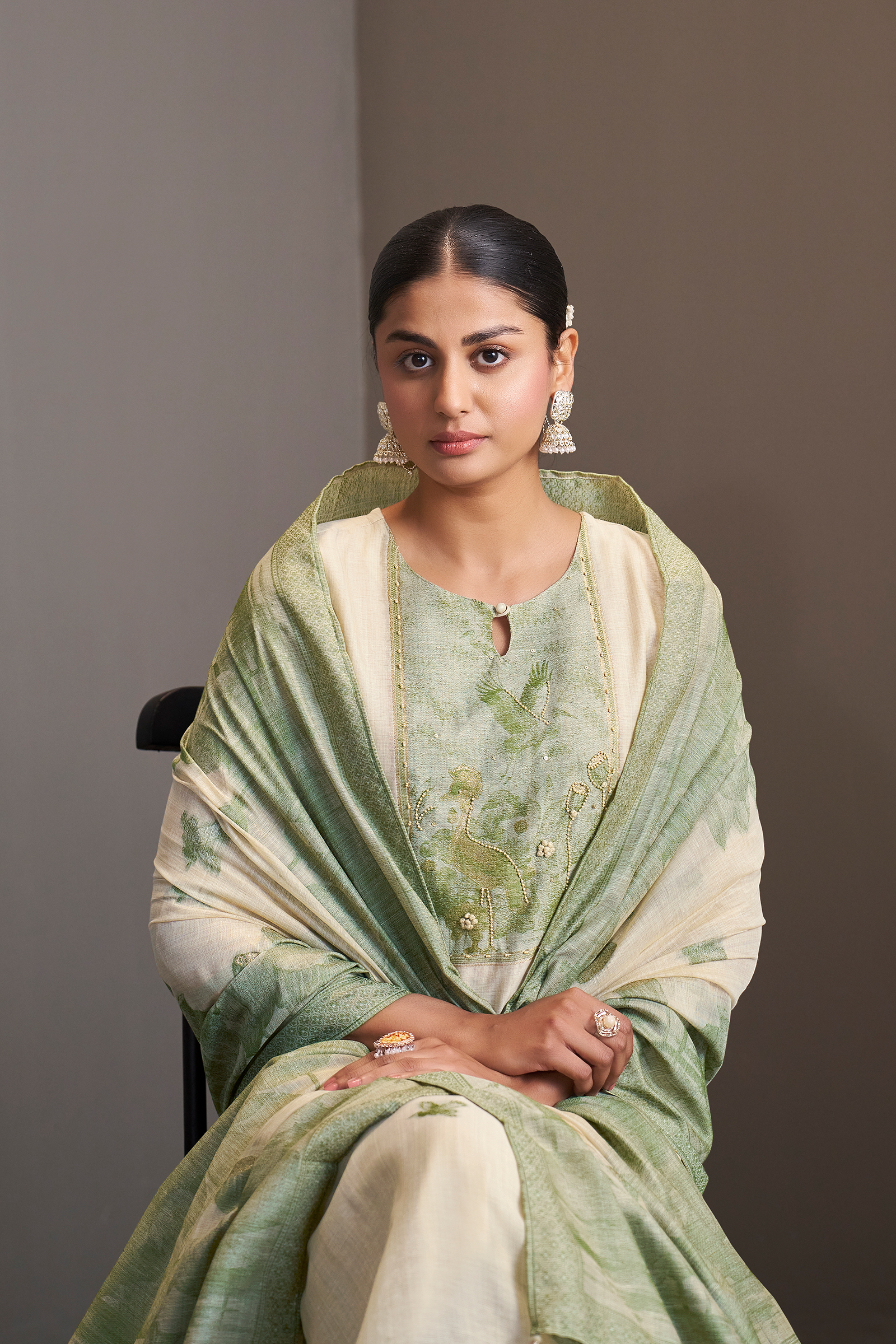 Sagewood Ivory Linen Chanderi Jacquard Kurta Set