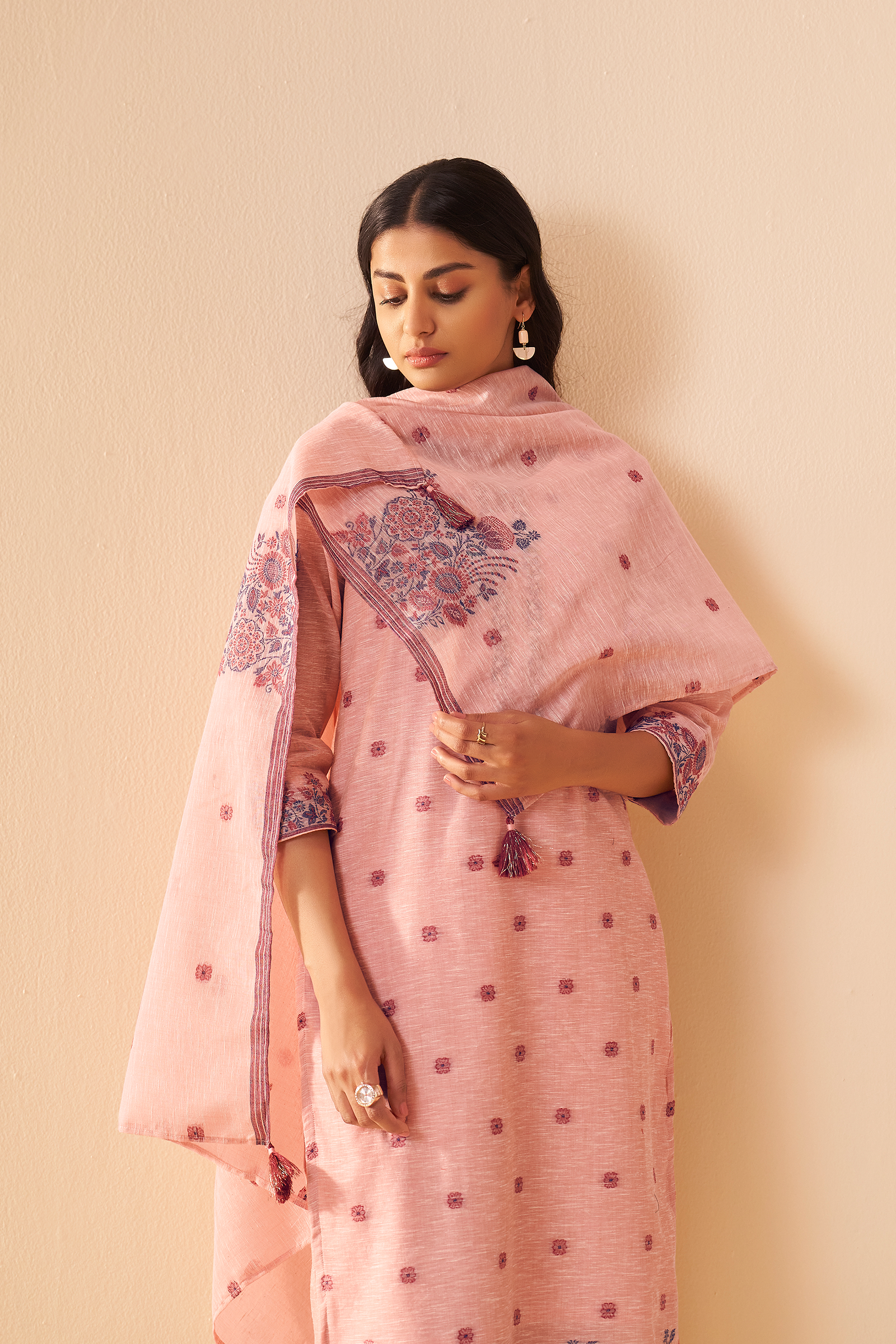 Truffle Pink Linen Chanderi Jacquard Kurta Set
