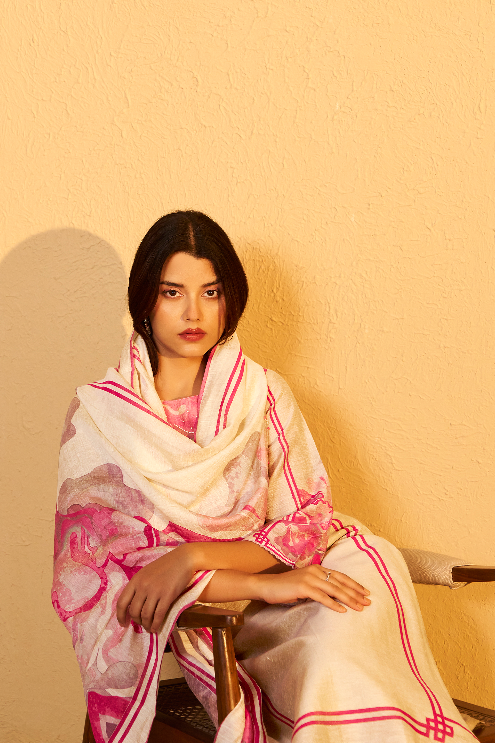 Beige Bloom Shimmer Linen Digital Print Kurta Set