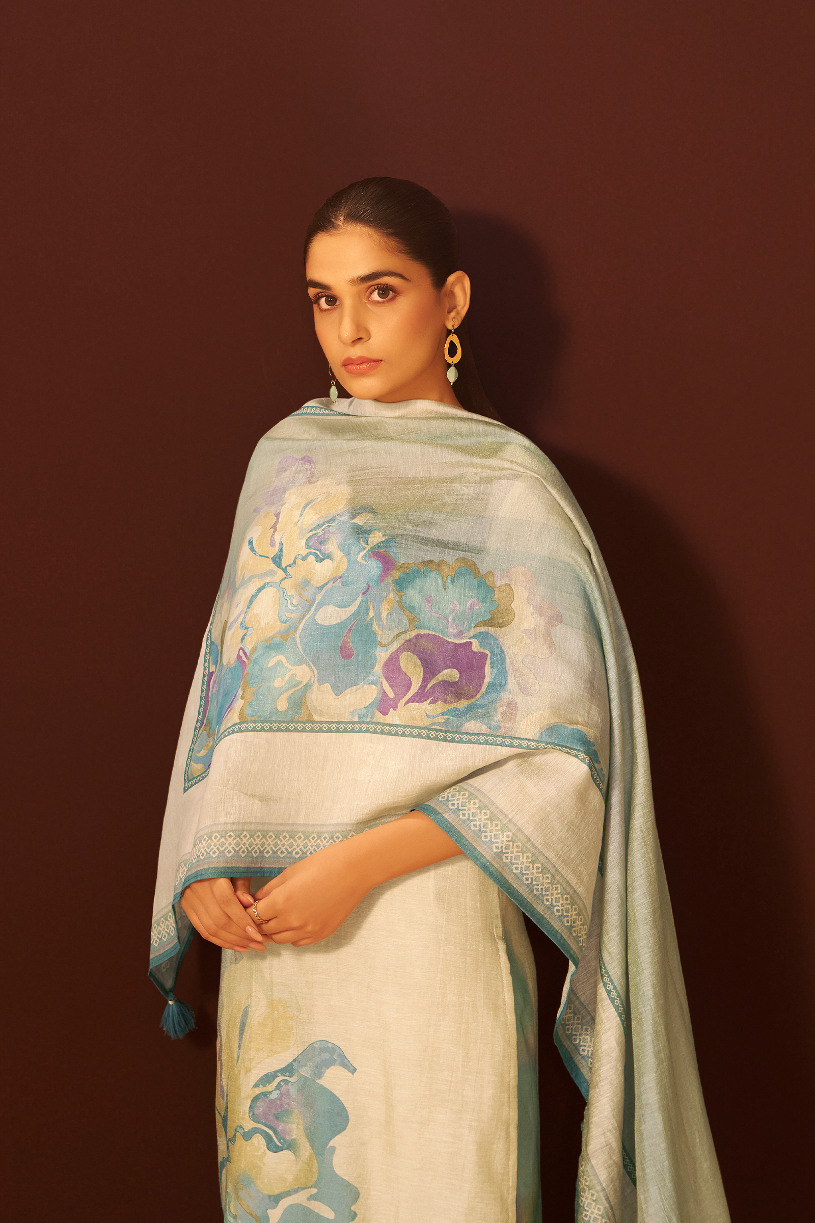 Powder Blue Mist Digital Printed Linen Kurta Set