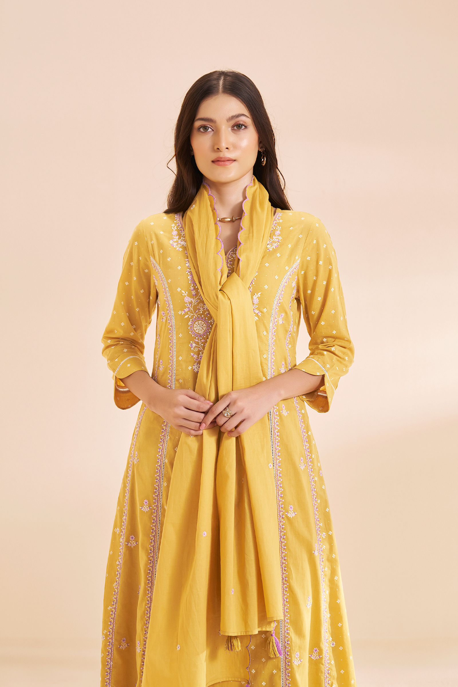 Golden Mimosa Table Print Embroidered Kurta Set