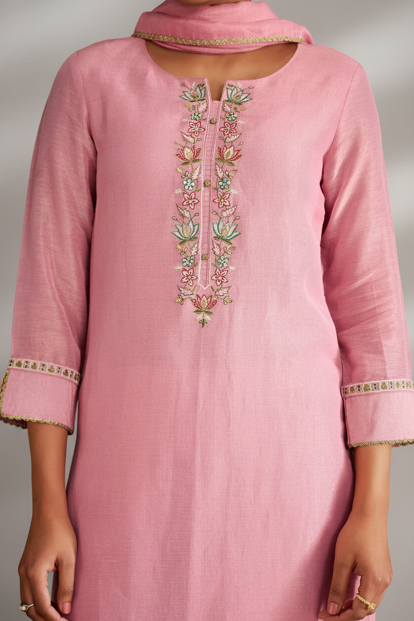 Powder Rosé Shimmer Linen Embroidered Kurta Set