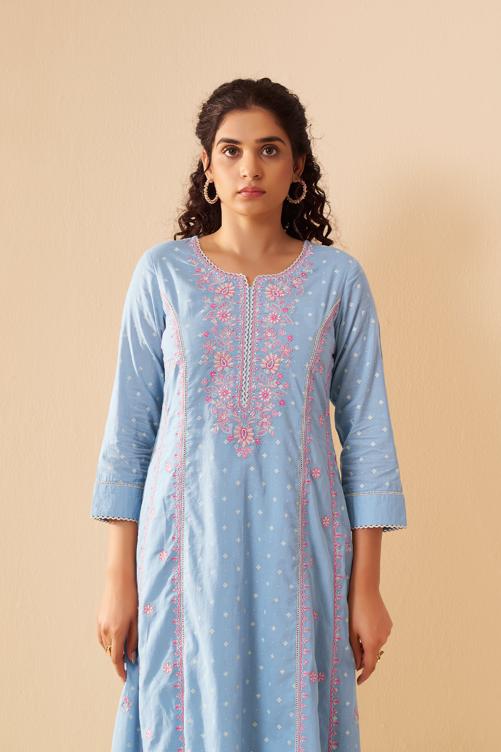 Pastel Sky Table Print Embroidered Kurta Set