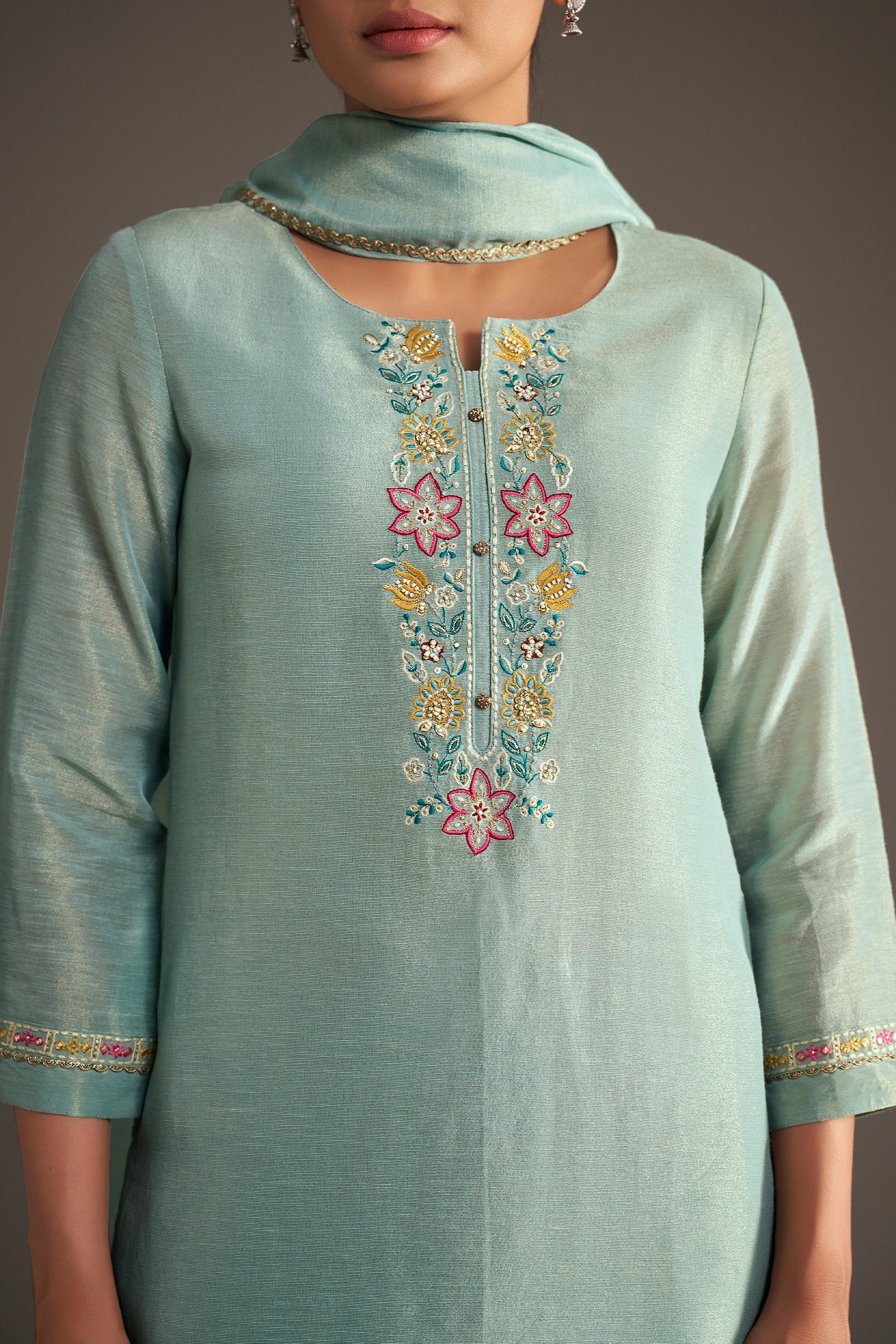 Seafoam Blue Shimmer Linen Embroidered Kurta Set