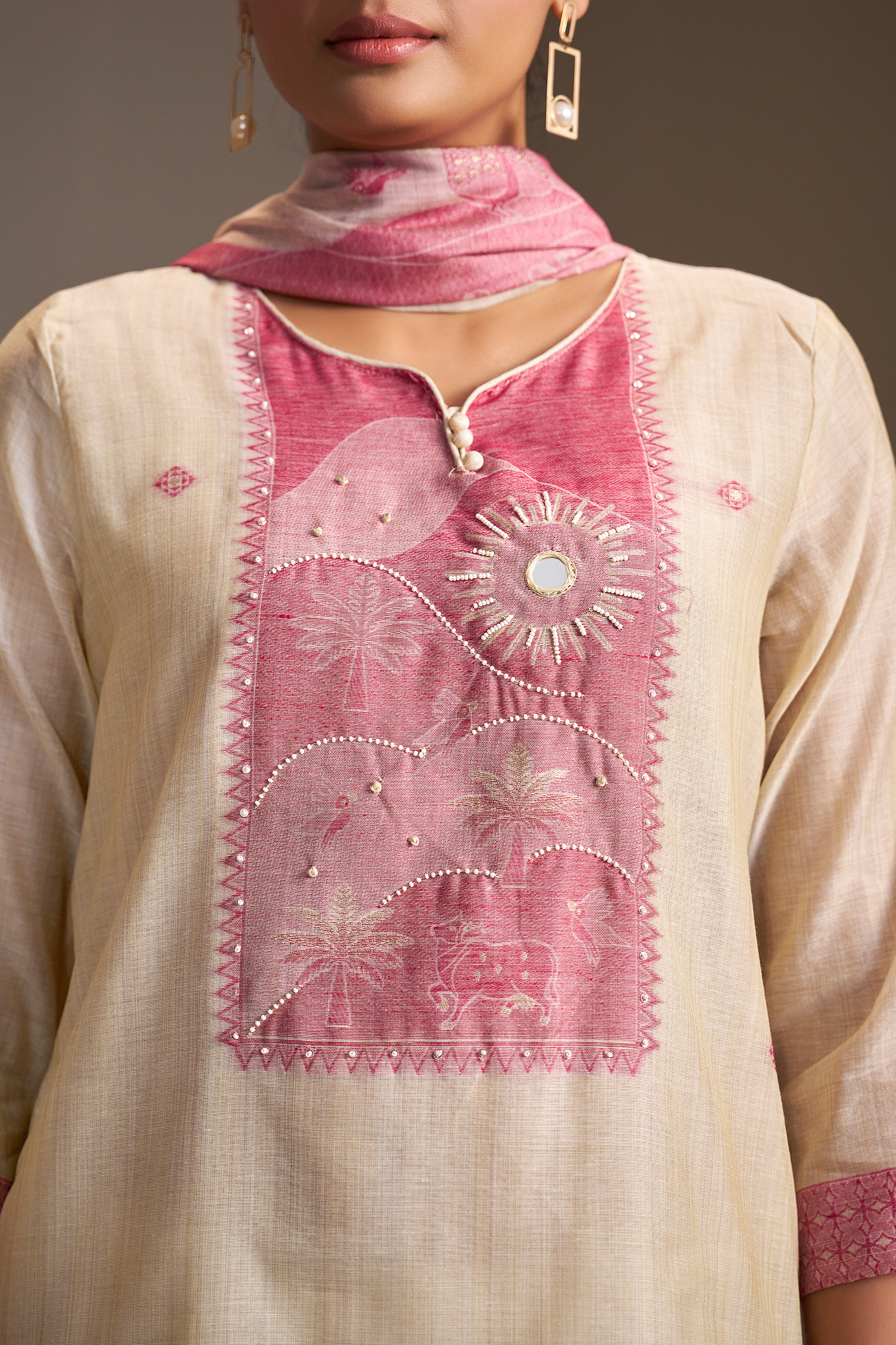 Rosewood Ivory Linen Chanderi Jacquard Kurta Set
