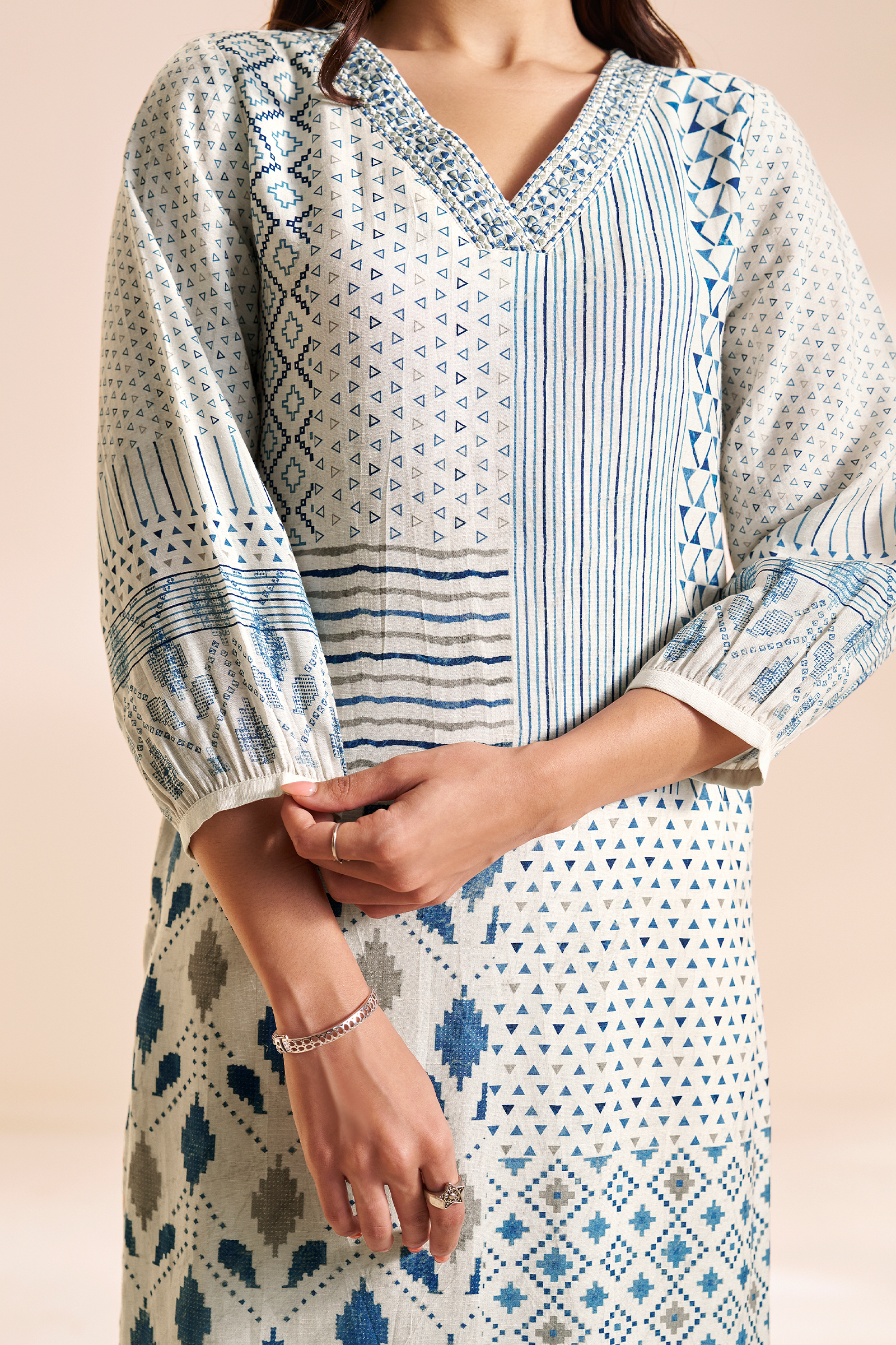 Porcelain White Mosaic Pure Chanderi Digital Printed Kurta Set