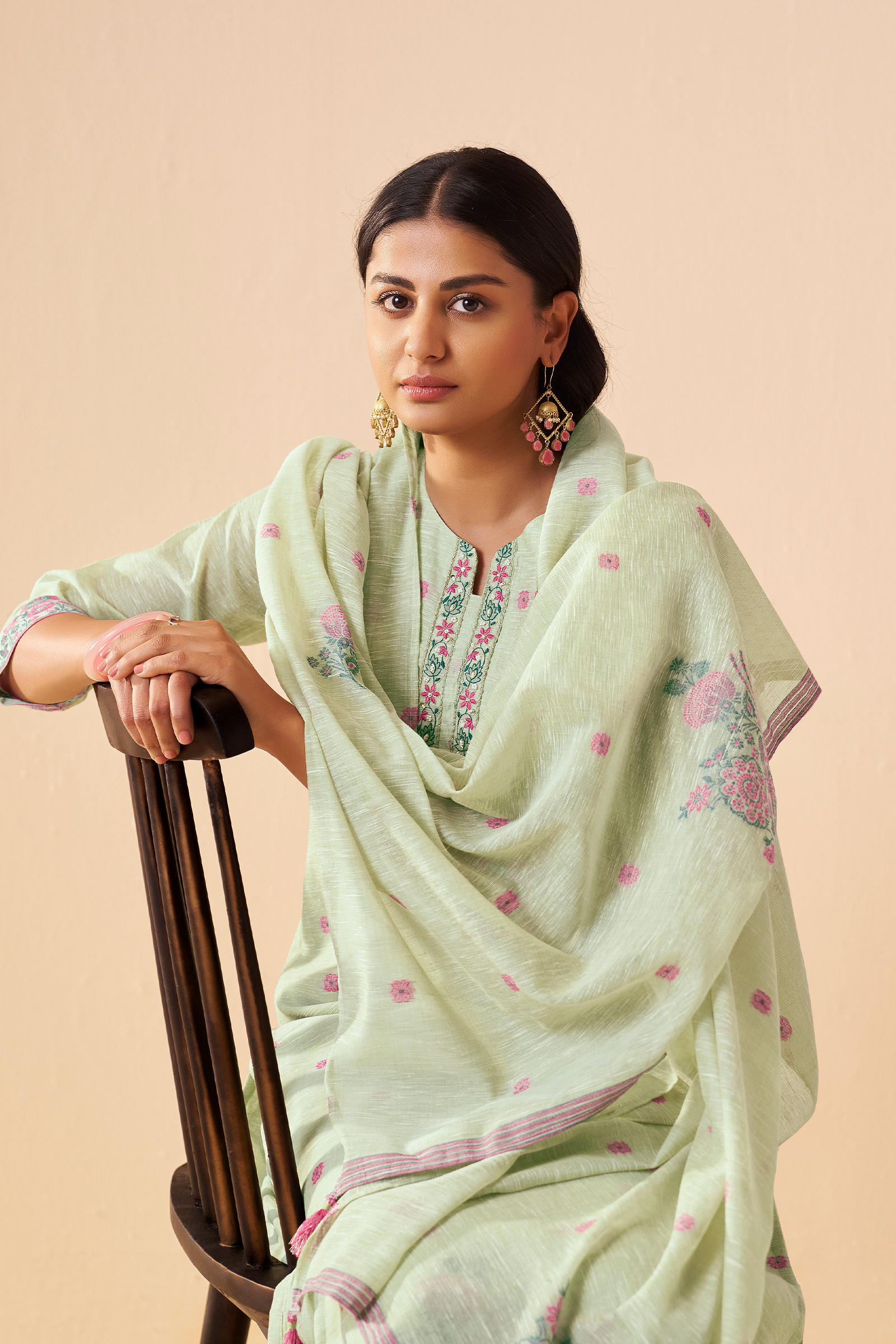 Blooming Pistachio Linen Chanderi Jacquard Kurta Set