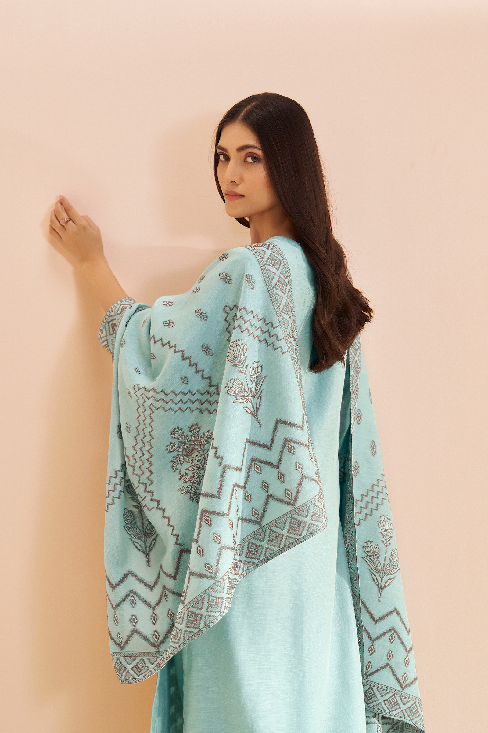 Powder Aqua Botanica Linen Jacquard Kurta set