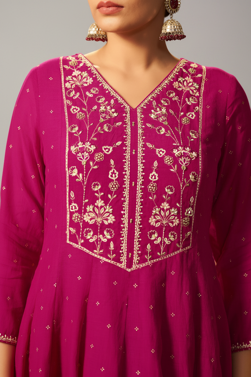 Bold Magenta Mul Chanderi Table Print Anarkali Kurta Set