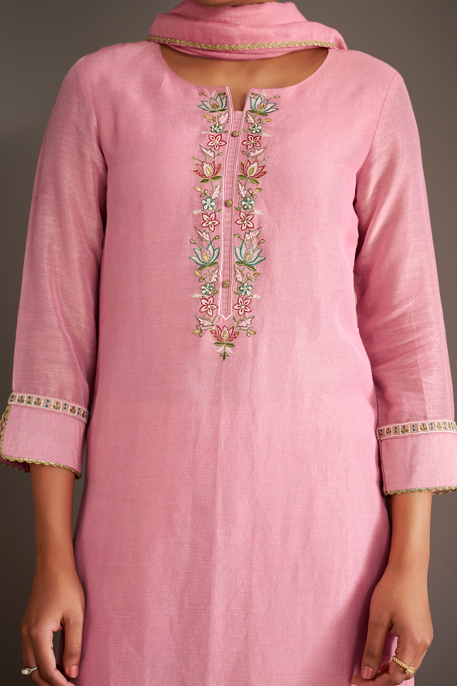 Powder Rosé Shimmer Linen Embroidered Kurta Set