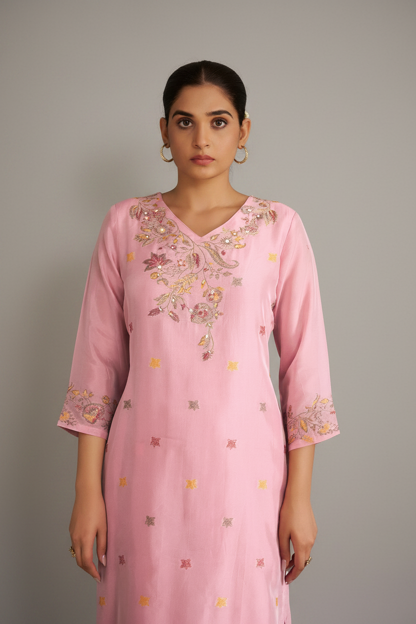 Soft Peony Chanderi Multi-Meena Work Jacquard Kurta Set