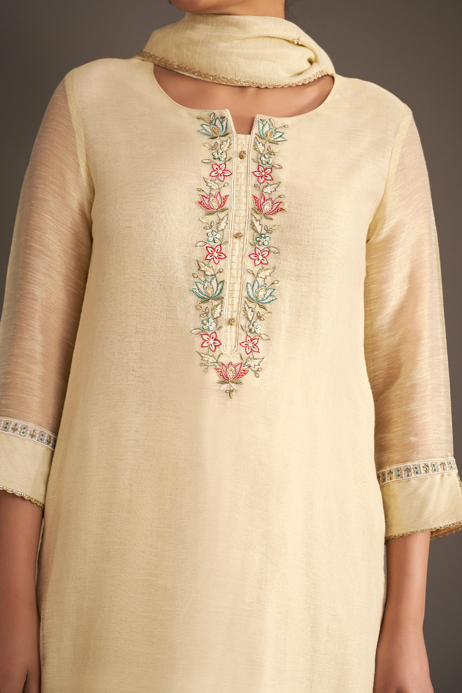 Pearl Sand Shimmer Linen Embroidered Kurta Set