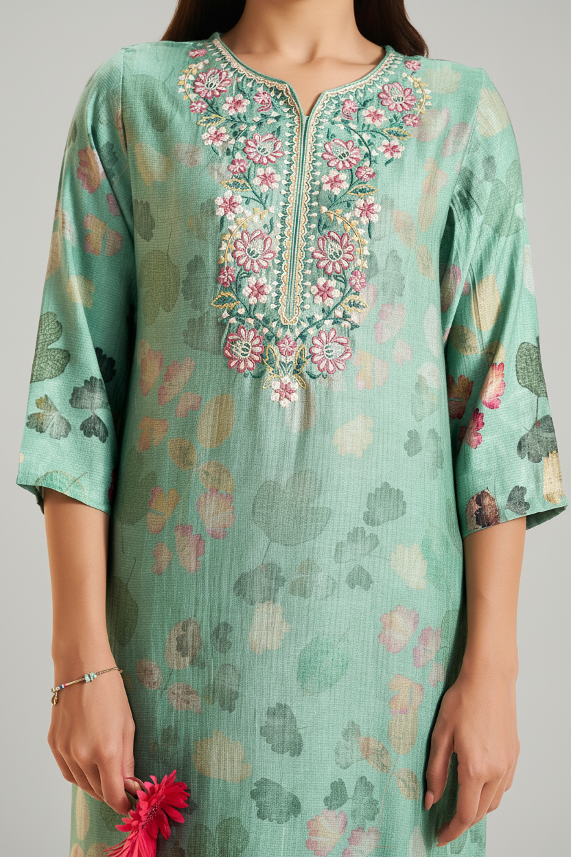 Soft Jade Digital Printed & Embroidered Viscose Kurta Set