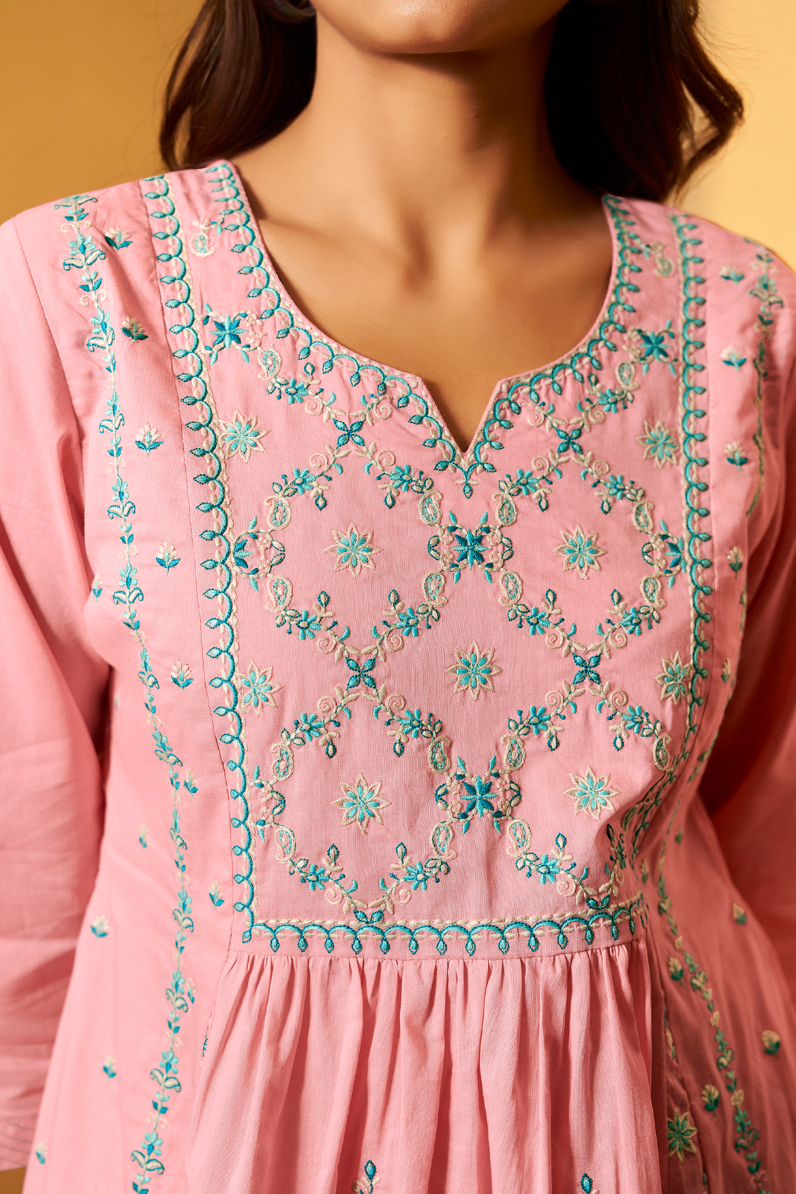 Gulabi Mist A-Line Cotton Embroidery Kurta Set