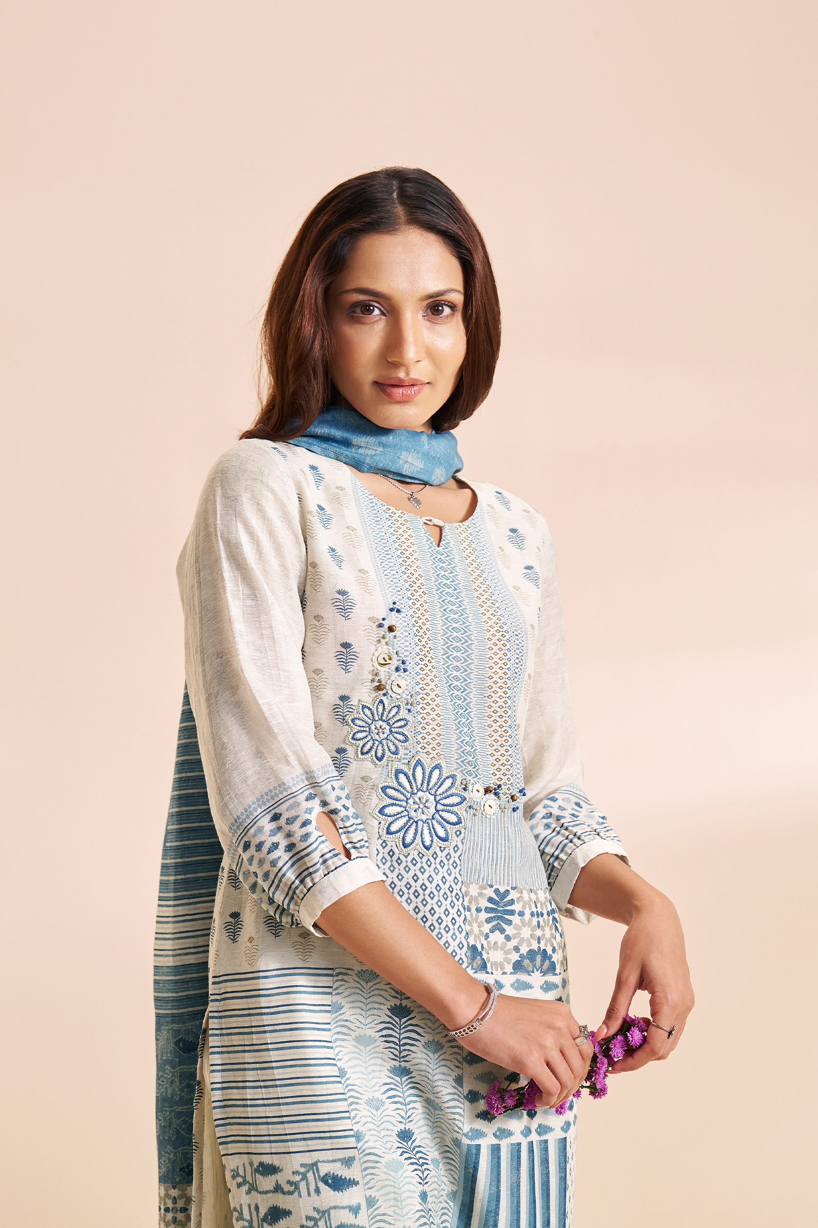 Moonstone white aqua Mosaic Pure Chanderi Digital Printed Kurta Set