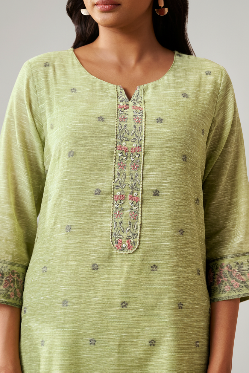 Sage Garden Linen Chanderi Jacquard Kurta Set