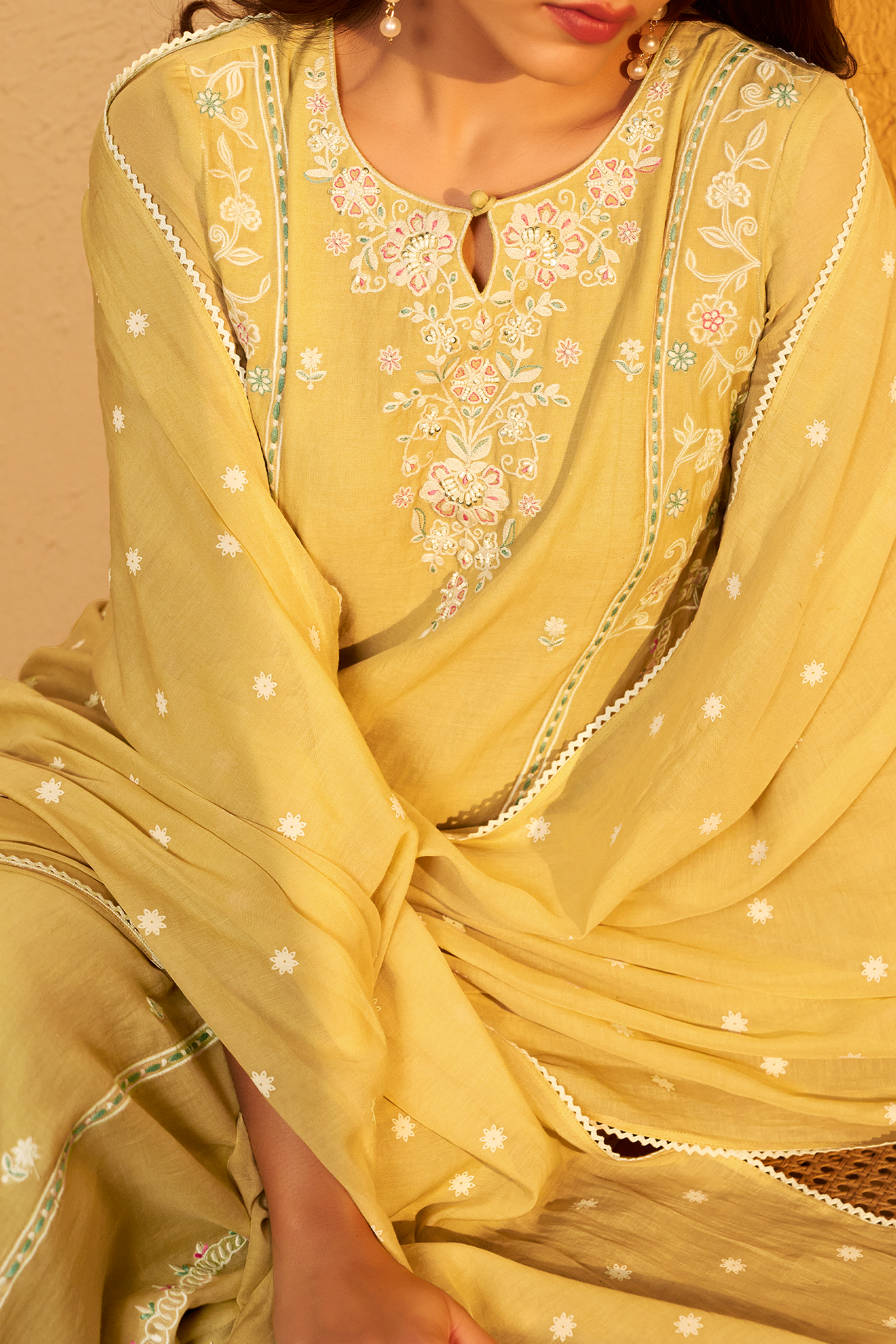 Sunlit Ochre Mul Chanderi A-Line Embroidery Kurta Set