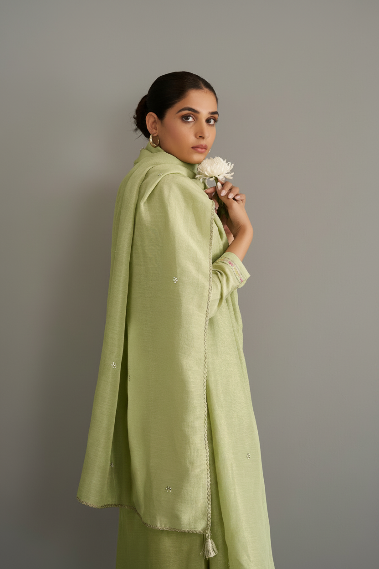Soft Olive Shimmer Linen Embroidered Kurta Set