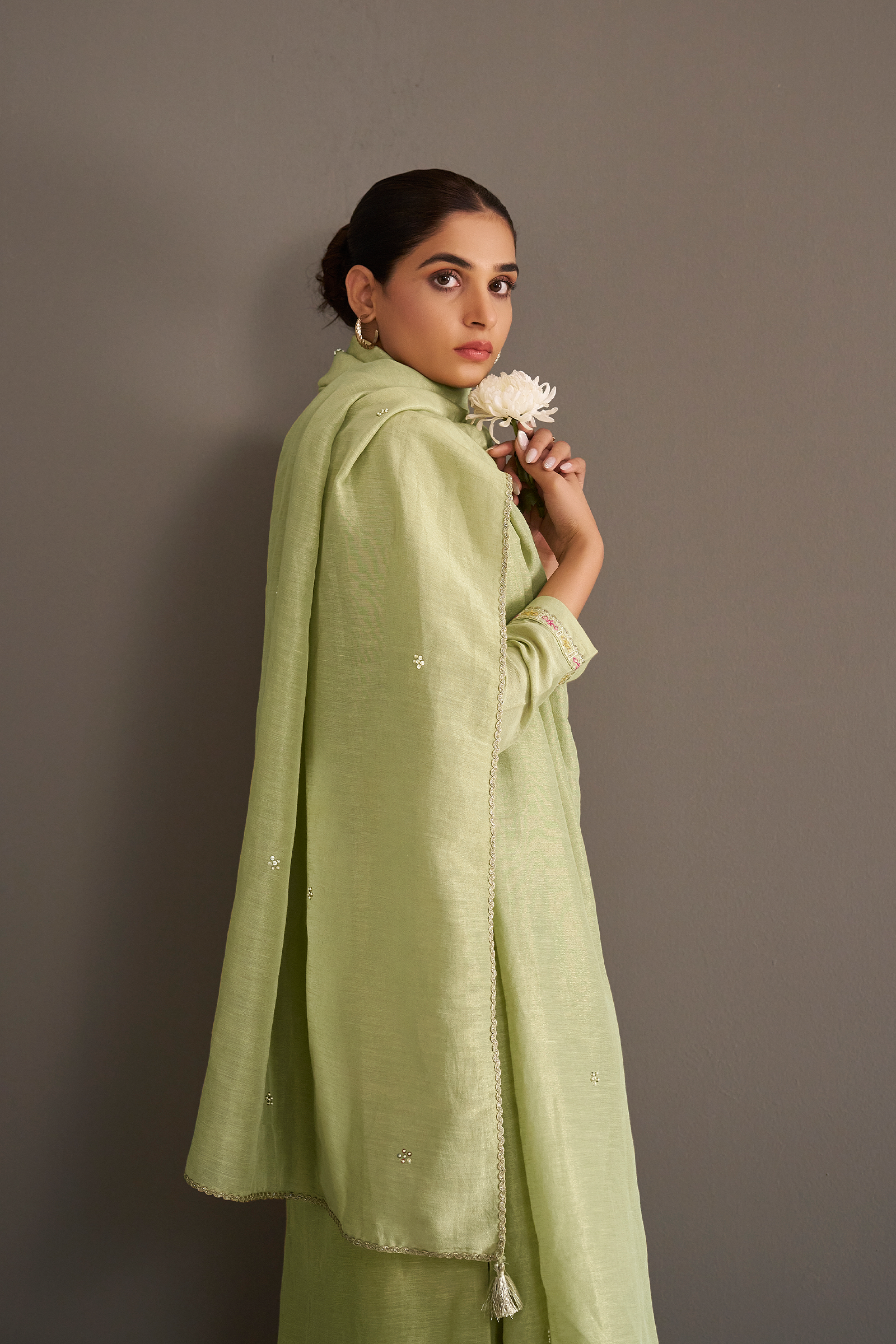 Soft Olive Shimmer Linen Embroidered Kurta Set