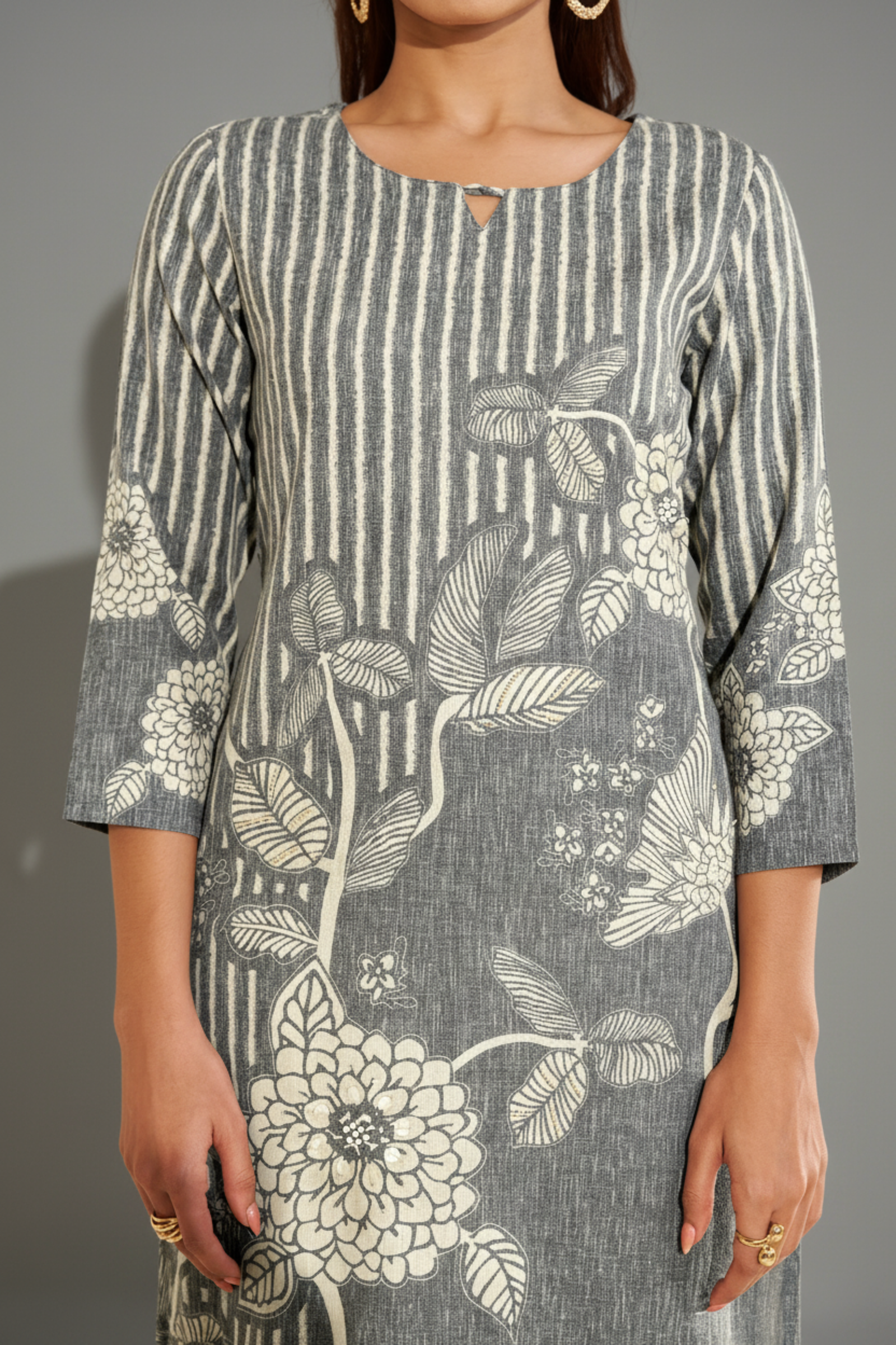 Ash Grey Cotton Linen Digital Printed Kurta Set