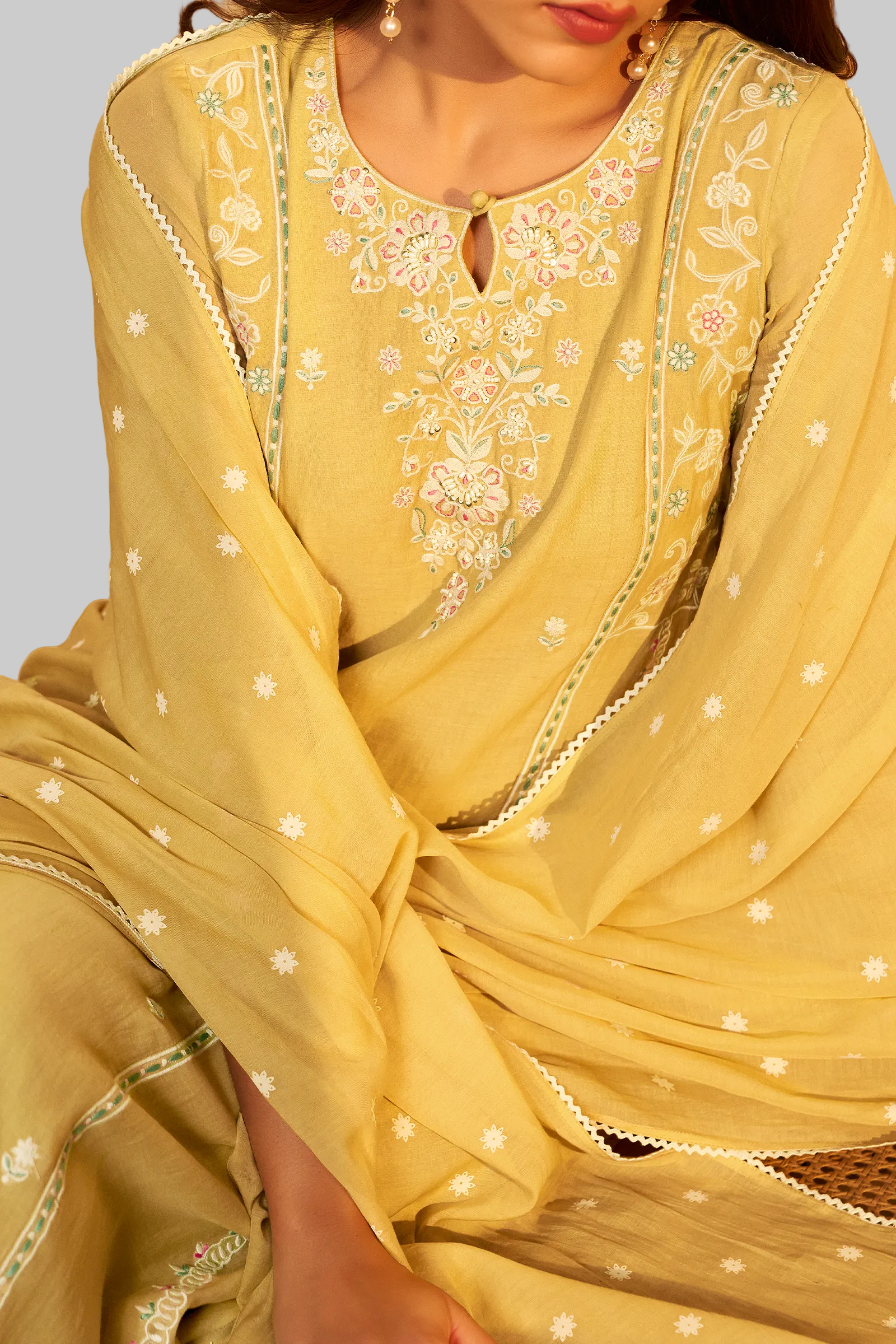 Sunlit Ochre Mul Chanderi A-Line Embroidery Kurta Set
