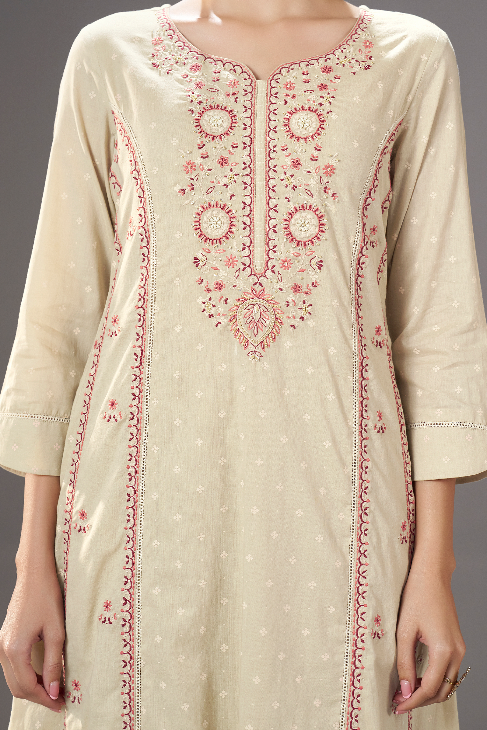 Cream Taupe Table Print Embroidered Kurta Set