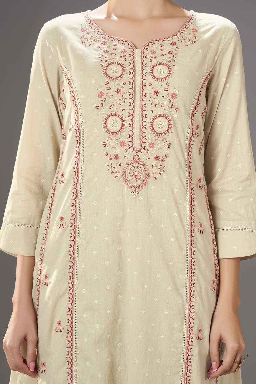 Cream Taupe Table Print Embroidered Kurta Set
