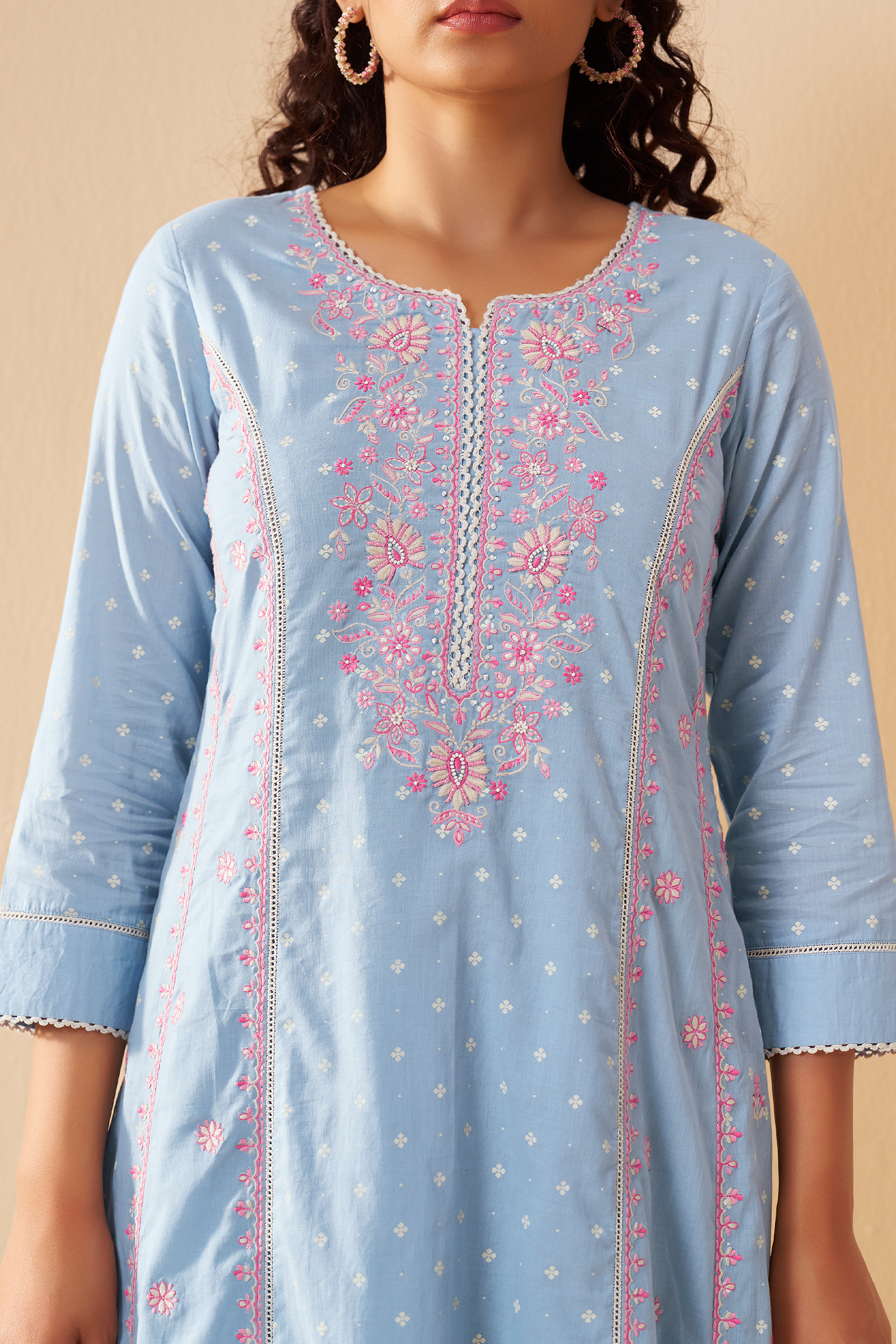 Pastel Sky Table Print Embroidered Kurta Set