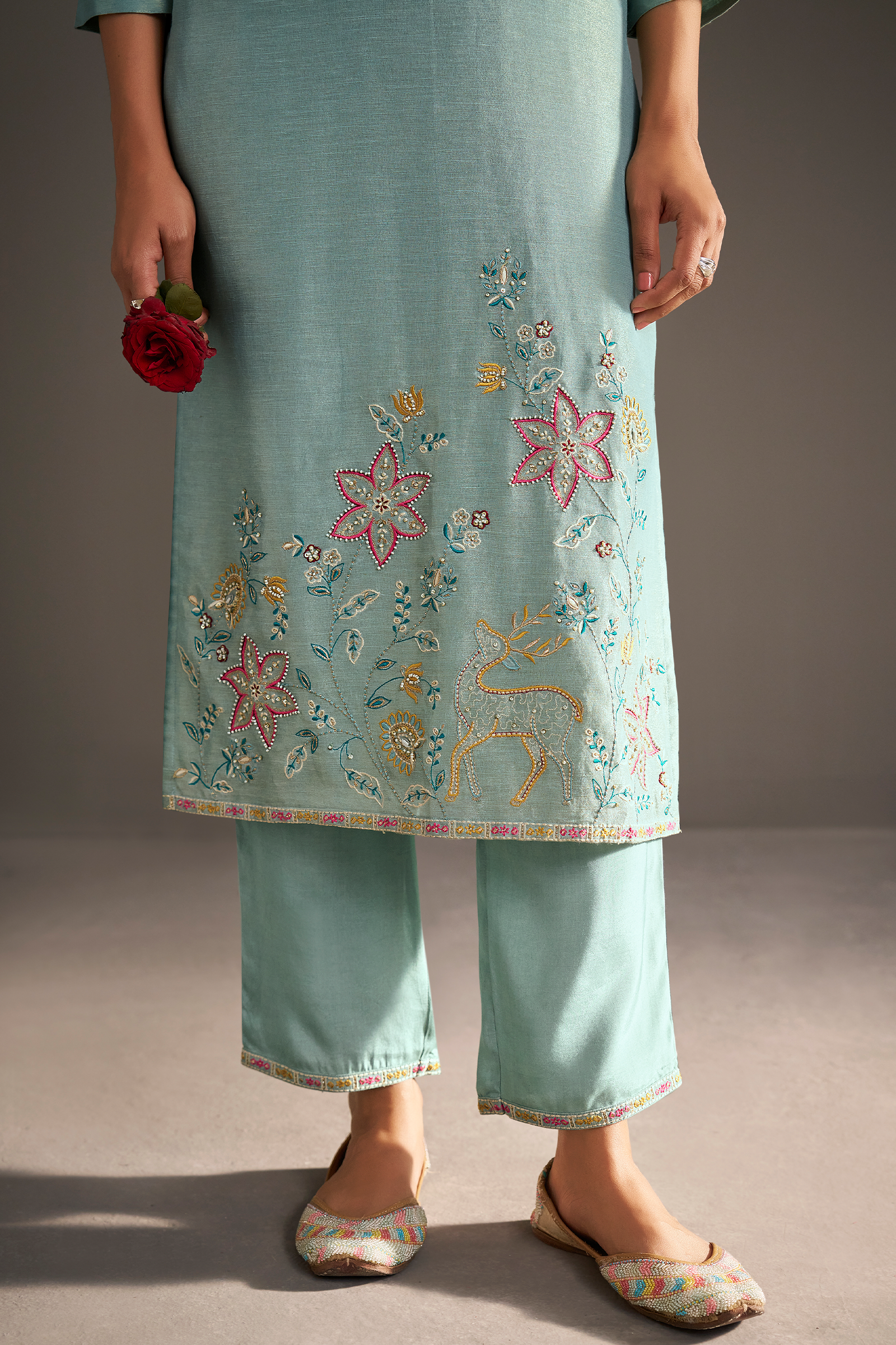 Seafoam Blue Shimmer Linen Embroidered Kurta Set