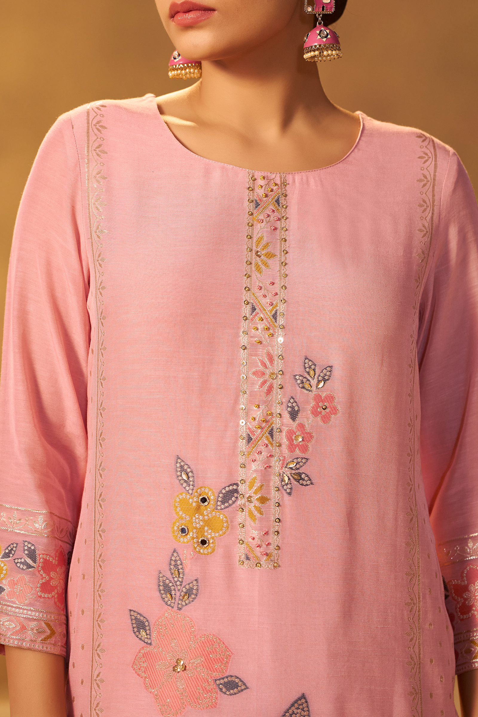 Blush Apricot Linen Jacquard Multi Meena Kurta Set
