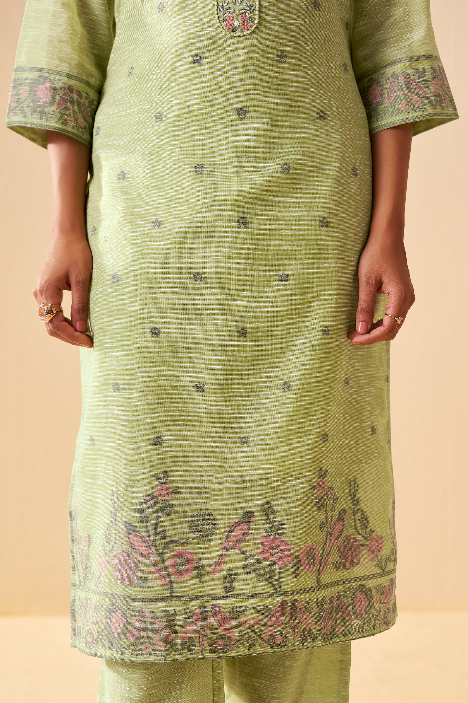 Sage Garden Linen Chanderi Jacquard Kurta Set