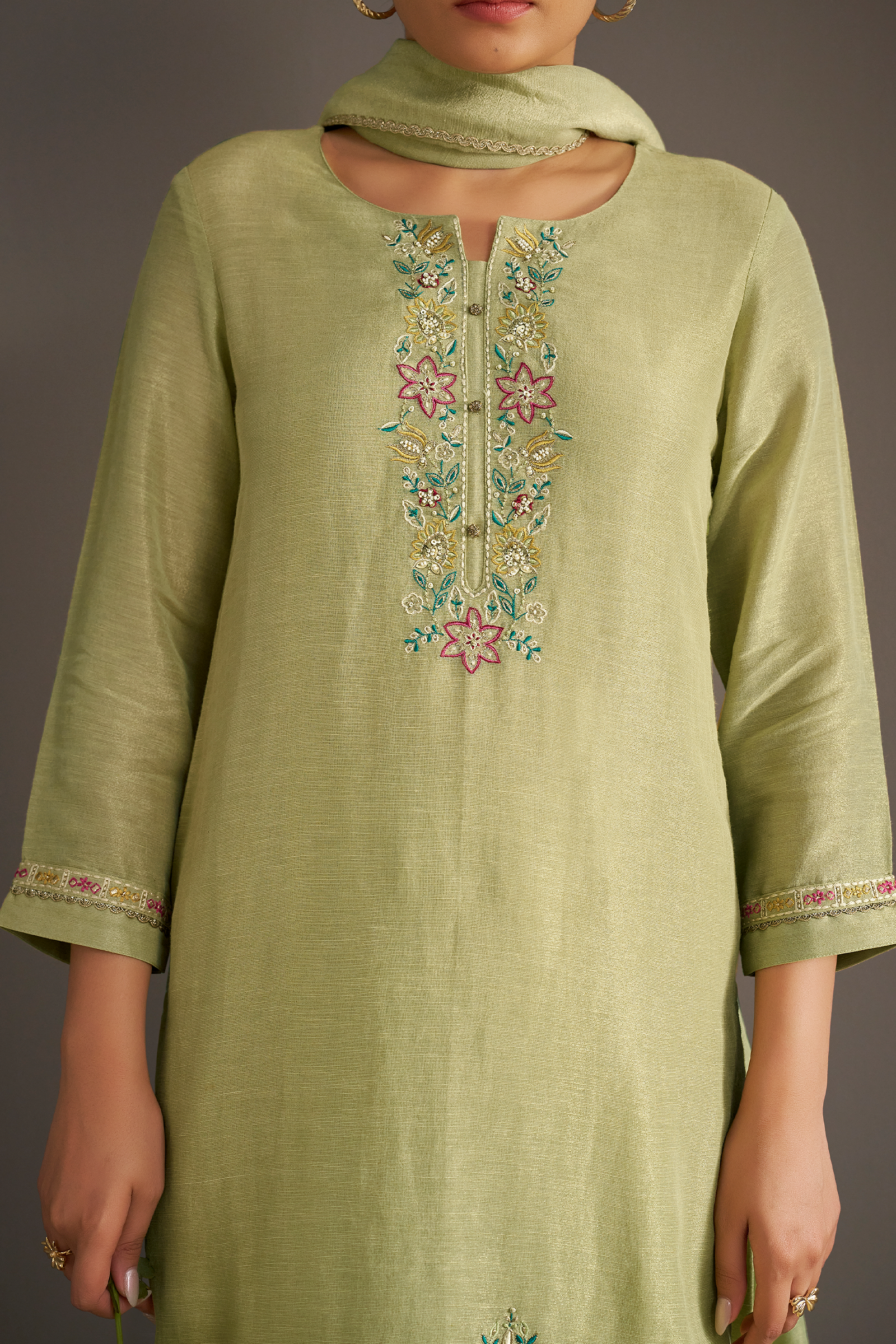 Soft Olive Shimmer Linen Embroidered Kurta Set