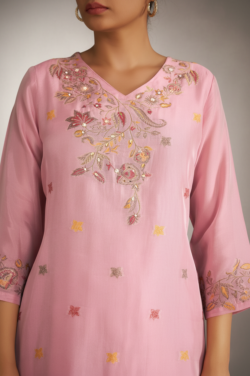 Soft Peony Chanderi Multi-Meena Work Jacquard Kurta Set