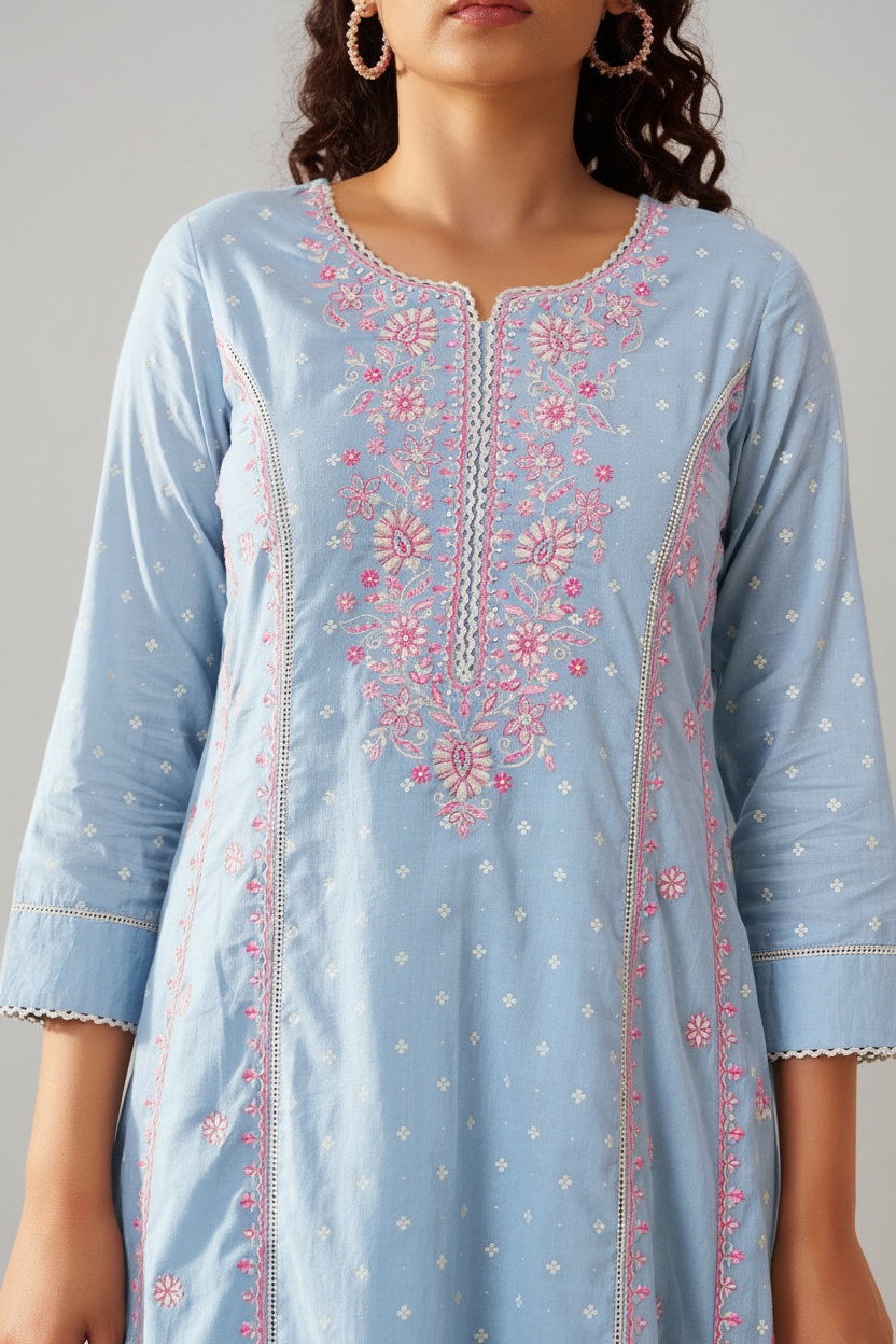 Pastel Sky Table Print Embroidered Kurta Set