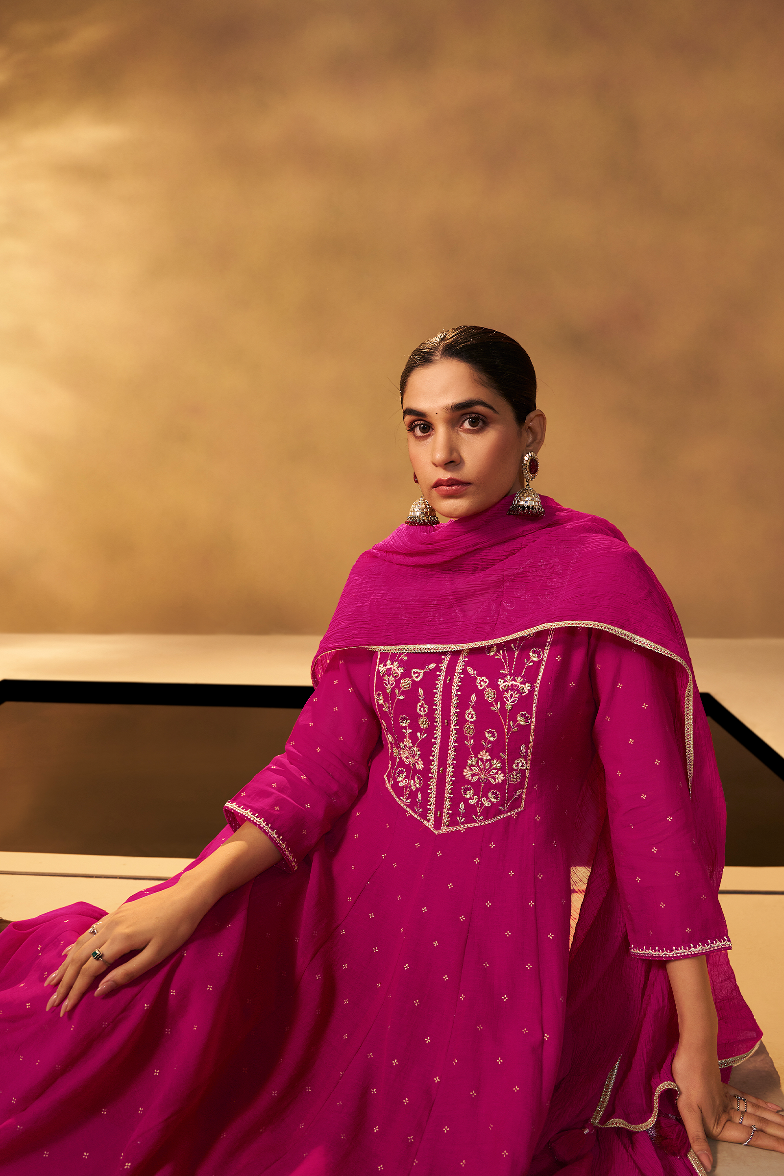 Bold Magenta Mul Chanderi Table Print Anarkali Kurta Set