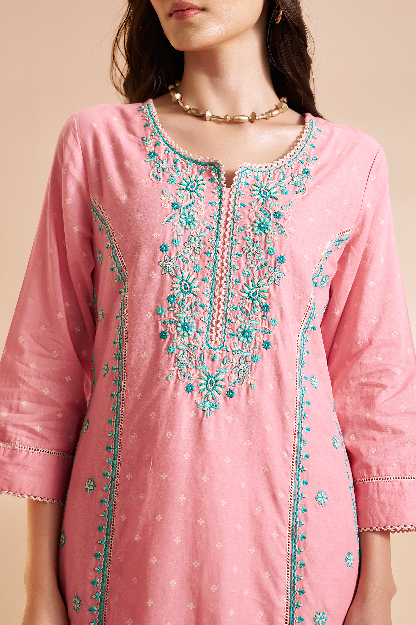 Rosy Flamingo Table Print Embroidered Kurta Set