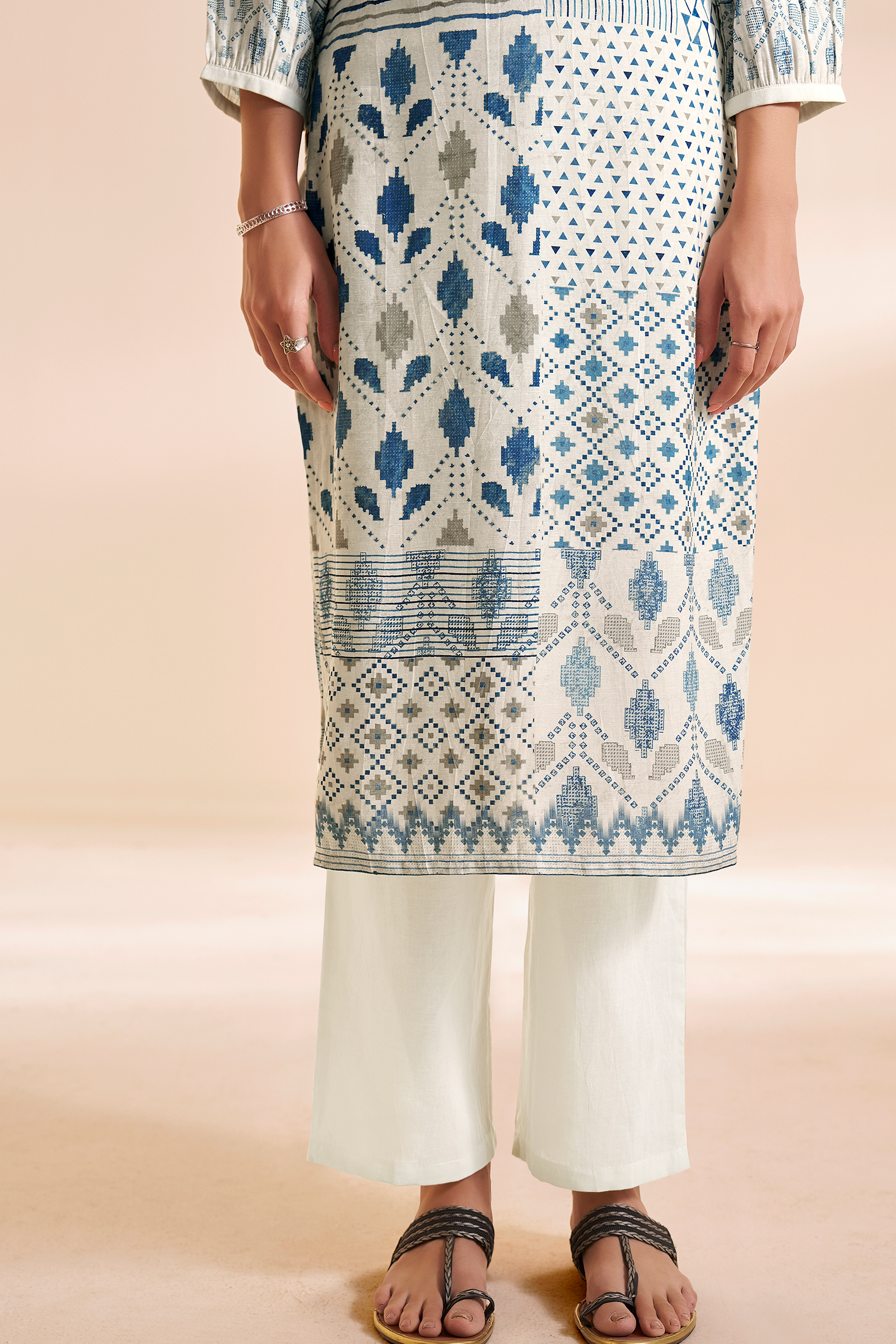 Porcelain White Mosaic Pure Chanderi Digital Printed Kurta Set